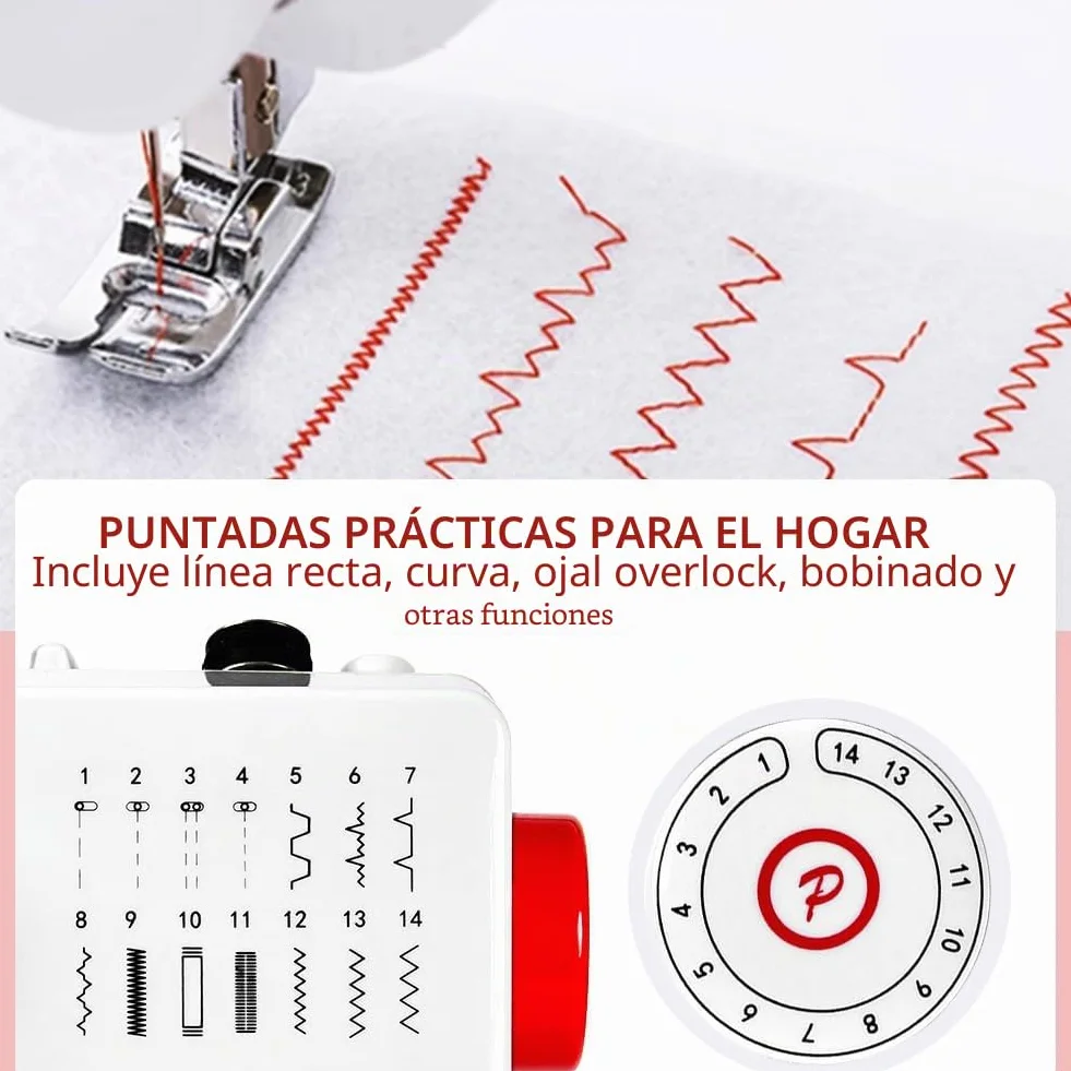 ZPSHYD - Máquina de coser eléctrica portátil de 14 puntos, para principiantes y niños, con pedal, ideal para ropa, bolsos y muñecas, color rojo y blanco