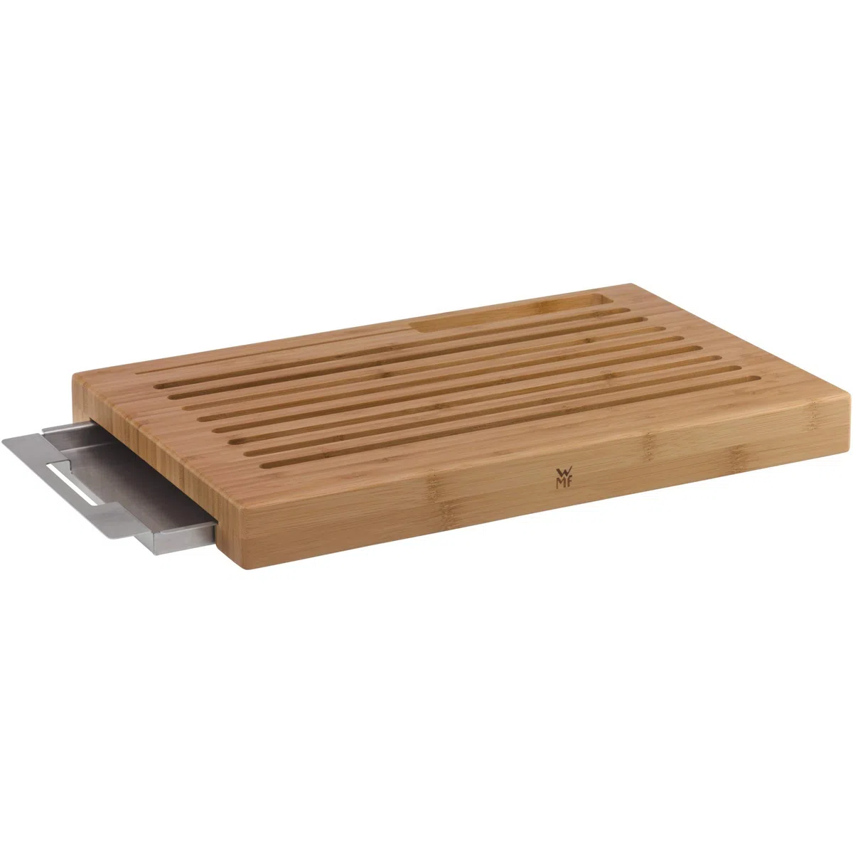 WMF Tabla para cortar pan con recogemigas, tabla de cortar con bandeja colectora 44 x 27 x 4,8 cm, tabla de cortar de madera con bandeja para migas, bambú, forma de rejilla, suave con las cuchillas