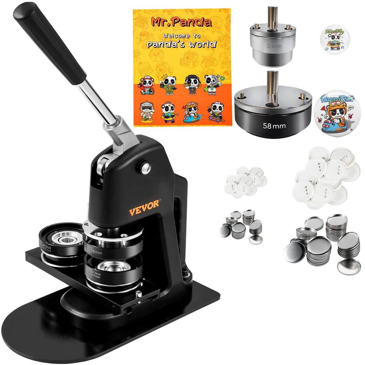 VEVOR Máquina para Hacer Botones de 32 mm y 58 mm Prensa para Chapas con 500 Kits de Botones con Libro Mágico y Cortador de Círculos Máquina para Hacer Chapas de Aluminio y ABS Kit de Personalización