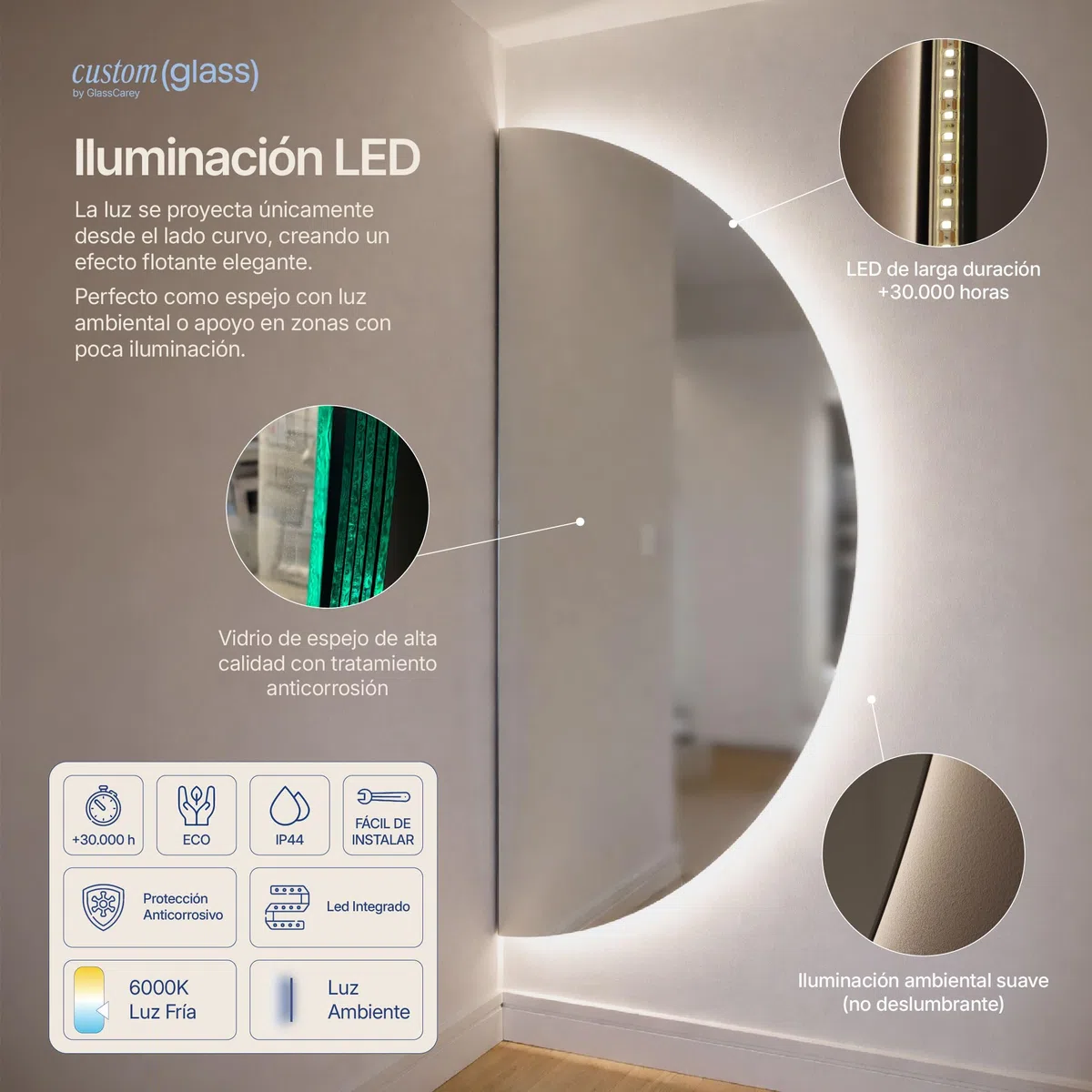 CustomGlass Espejo Semicircular Led 154X66 cm de Pared Diseño Media Luna con Iluminación Decoreativa Varias Madidas Ideal para Recibidor Dormitorio Salón o Baño (Semicircular 154X66 cm)