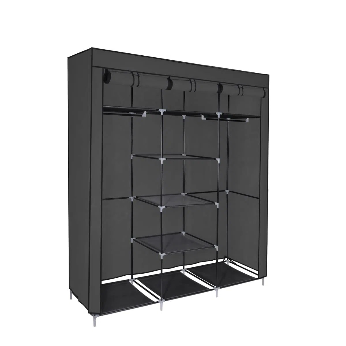 T-LOVENDO.ES Armario de Tela ropero estantería con Cremallera Plegable Modular portátil Grande 175 x 150 x 45 cm. Tubos de Acero para Perchas. Varios estantes Robusto y Estable. Negro