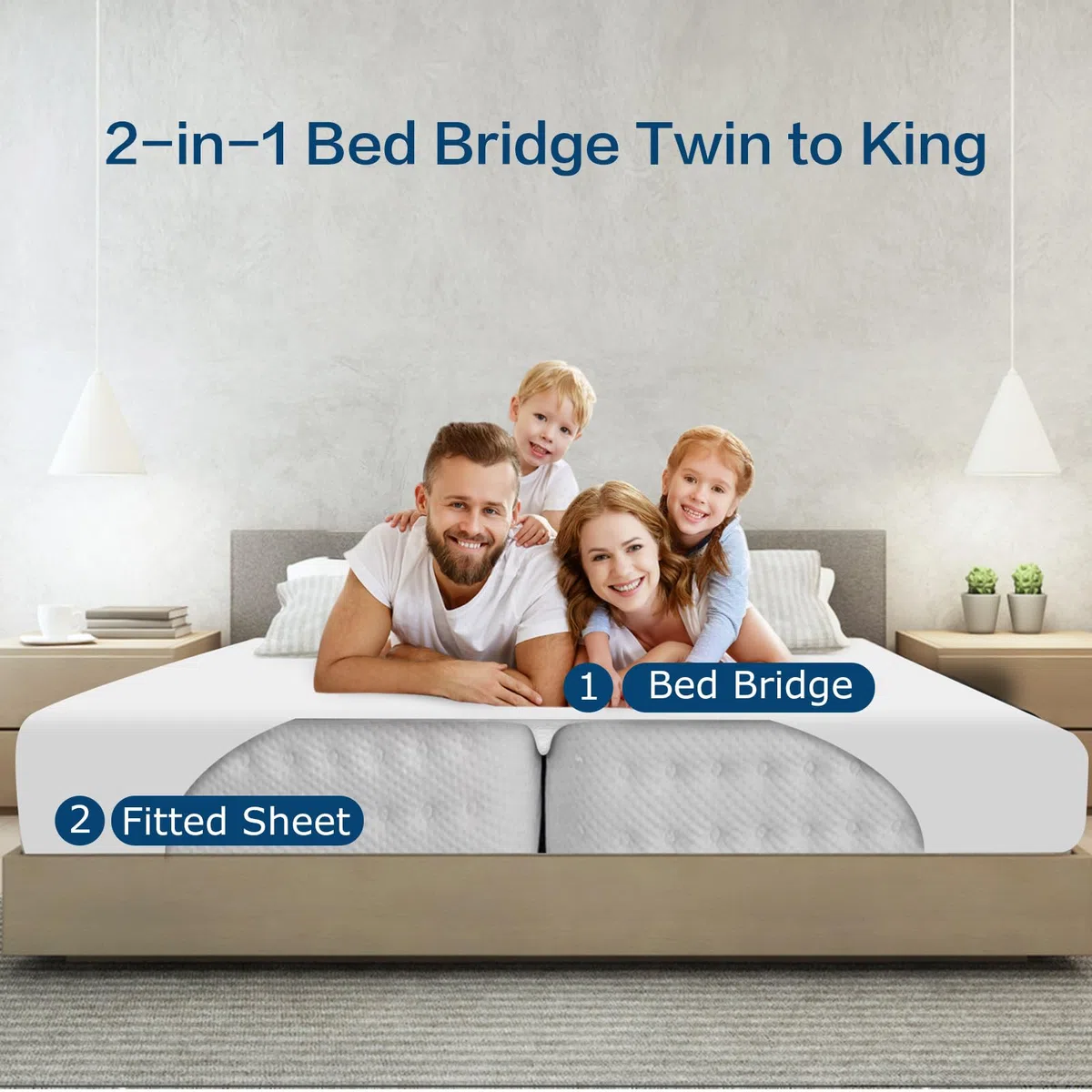 HOMCA Puente de Cama con Sábana, 200x200cm 2 en 1 Kit de Convertidor de Puente de Cama Individual a King, Elimina el Hueco Entre Los Colchones, Puente de Amor es Adecuada para Familias
