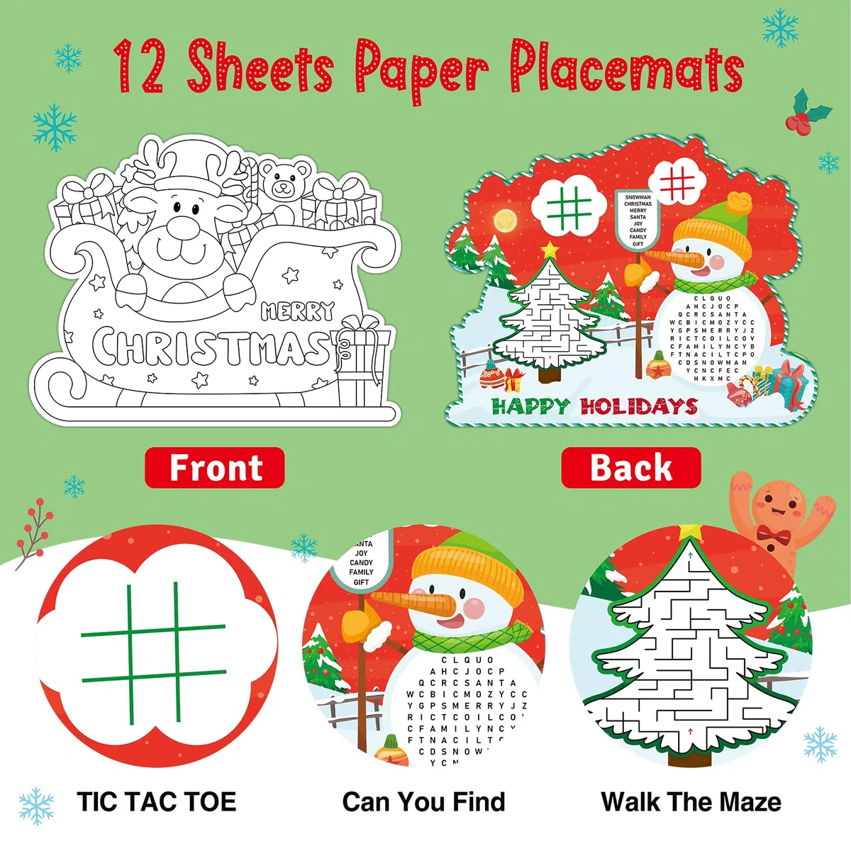 FLYAB Manteles individuales de Navidad para niños, 10 x 13 pulgadas, 12 manteles individuales de papel desechables de doble cara para niños, manteles de Navidad para decoración de fiestas de