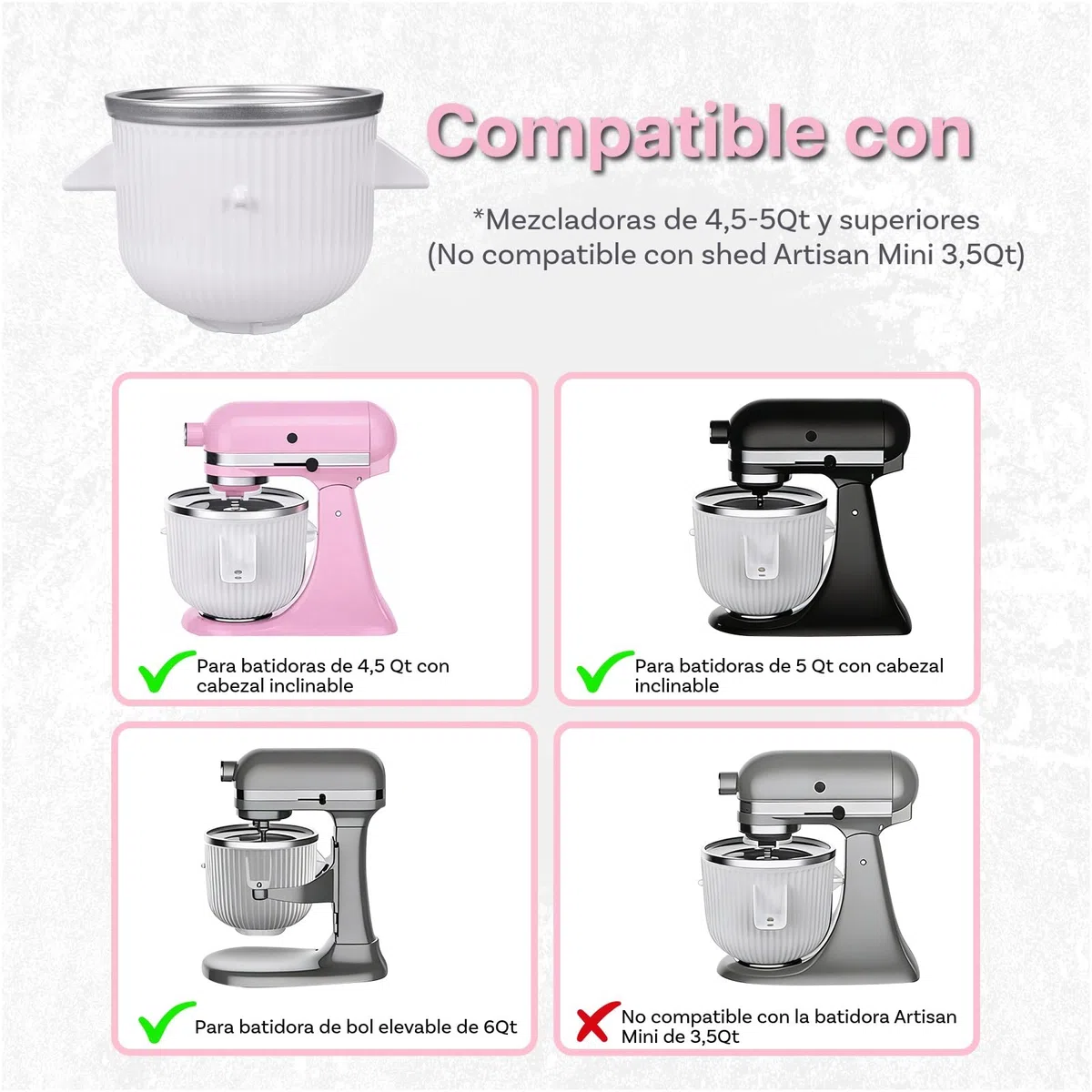 Accesorio para Máquina de Helados para KitchenAid Batidora – Compatible con Modelos 4.5QT, 5QT y 6QT Tilt-Head y Bowl-Lift – Cuenco de 1.9L para Helado, Sorbete, Gelato y Yogurt Congelado
