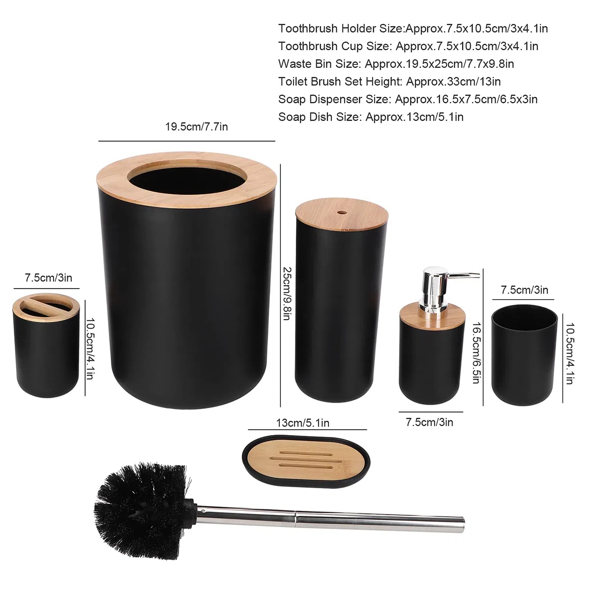 Juego de accesorios de baño de bambú, 6 piezas, kit de limpieza, soporte para cepillo de dientes, dispensador de jabón, jabonera, taza, cepillo de inodoro para decoración del hogar