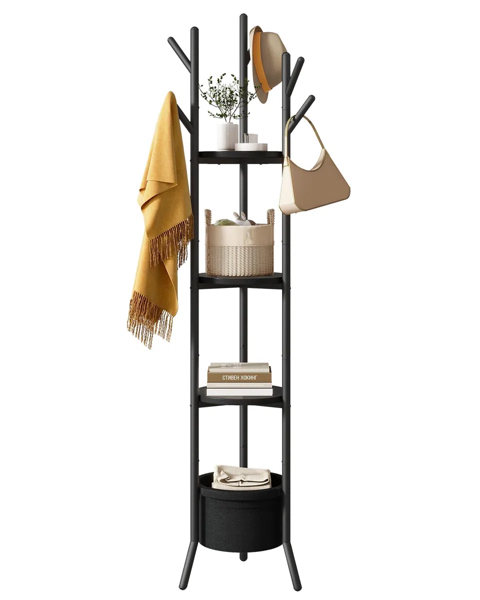 YMYNY Perchero de Entrada, Perchero de Pie para Recibidor con 1 Cesta de Tela, Estantería de Almacenamiento para Salón Dormitorio Pasillo Estilo Industrial, para Bufanda Bolsos Negro HGR005B