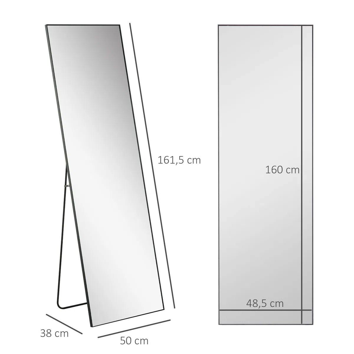 HOMCOM Espejo de Pie Cuerpo Entero 161,5x50 cm con Marco de Aleación de Aluminio Espejo Pared Rectangular con 2 Formas de Uso para Pasillo Dormitorio Salón Vestuario Negro