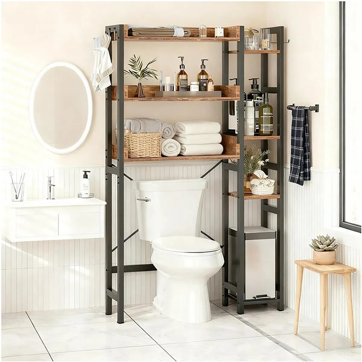 Relaxdays estantería sobre Inodoro, 3 Niveles, Mueble para baño sobre WC, 161x80x24 cm, Metal/MDF, Negro/marrón