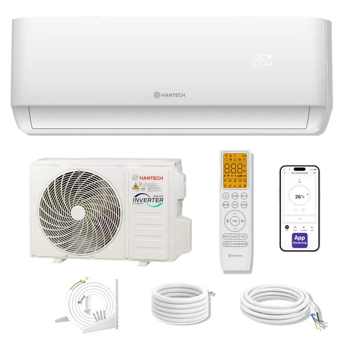 HANTECH Split aire acondicionado 12000 BTU H-PRO función de calefacción y refrigeración, filtro de aire, WIFI, material de montaje