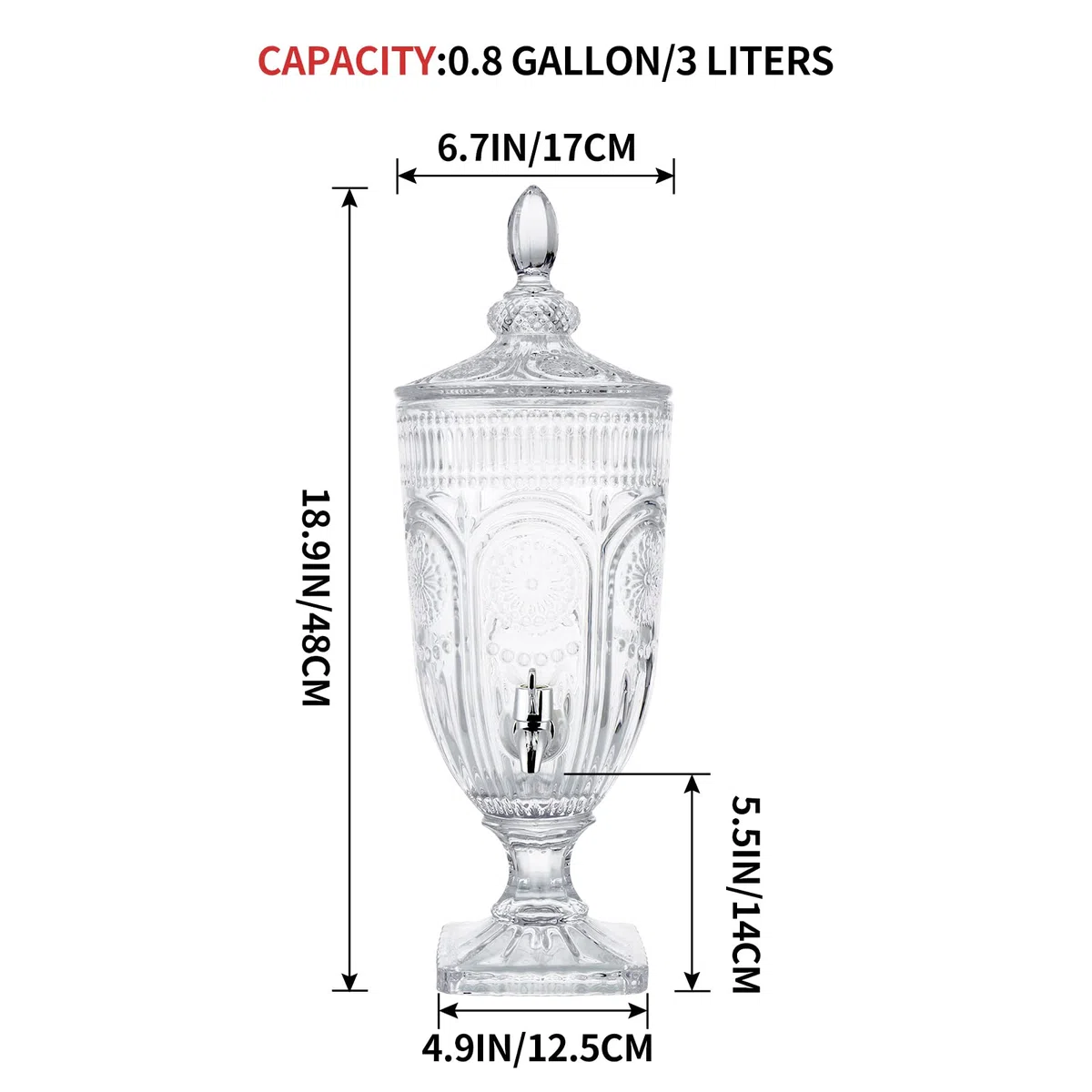 Dispensador de Bebidas con Grifo 3L - con Tapa de Cristal y Grifo sin Fugas - dispensador de Bebidas de 0,8 galones - Agua Jugo Vino Sangria - para Fiestas, Bares