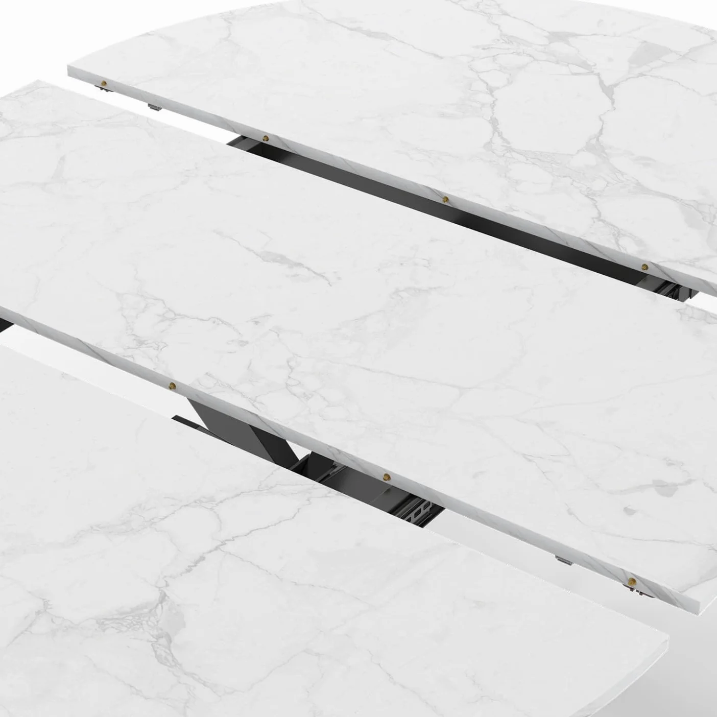 IDMarket – Mesa de comedor extensible redonda Alix 4-8 personas, pie araña negro, bandeja efecto mármol blanco Alaska 110-150 cm
