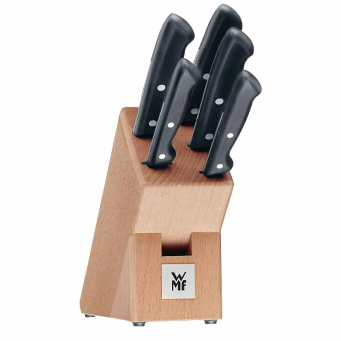 WMF Classic Line - Bloque de cuchillos equipado con 5 cuchillos, taco de madera de abedul, cuchillos con hoja de acero especial inoxidable, mangos remachados