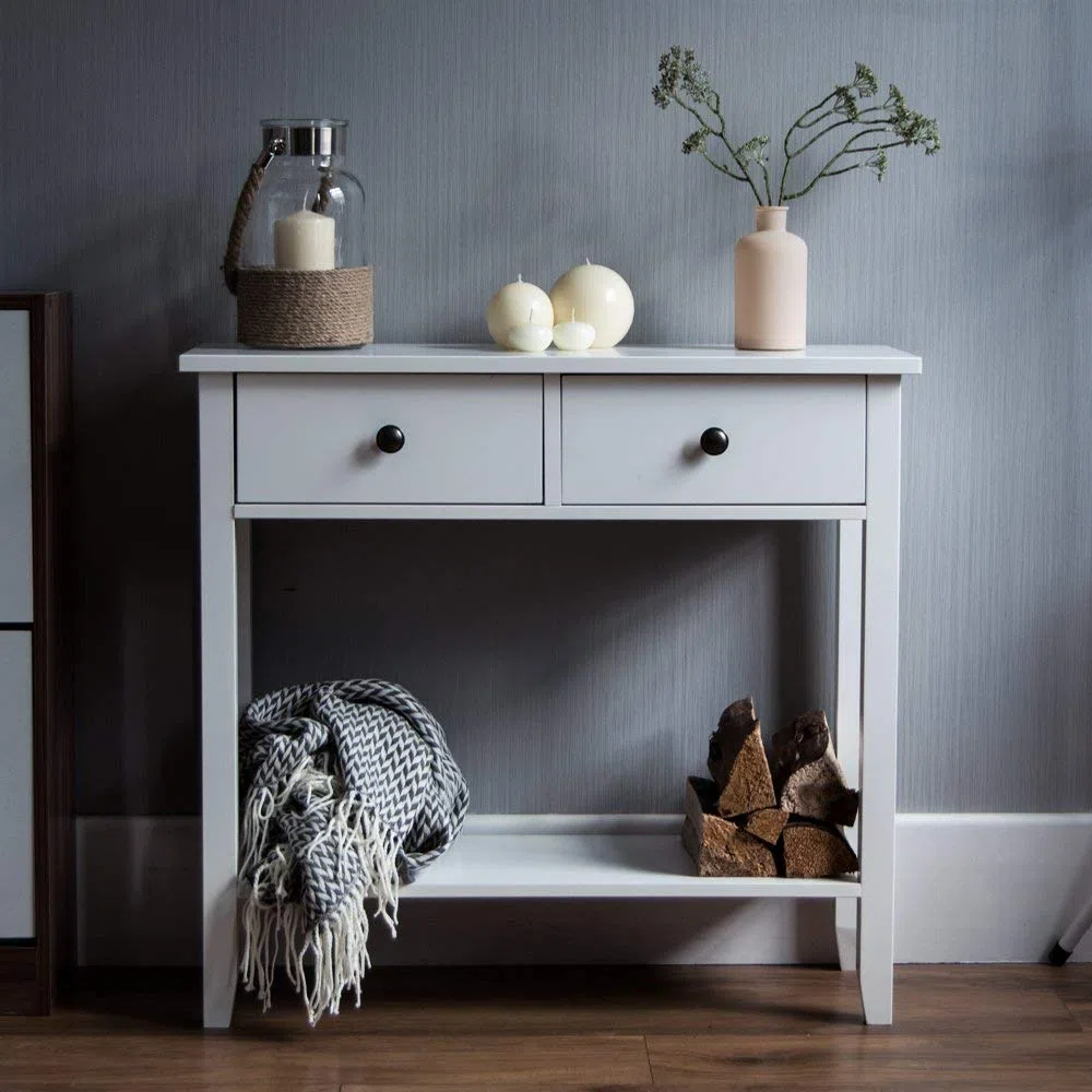 Mesa Consola de 2 cajones con estantería Home Discount Windsor Consola de 2 cajones, Mesa 74 x 80 x 30 cm Blanco
