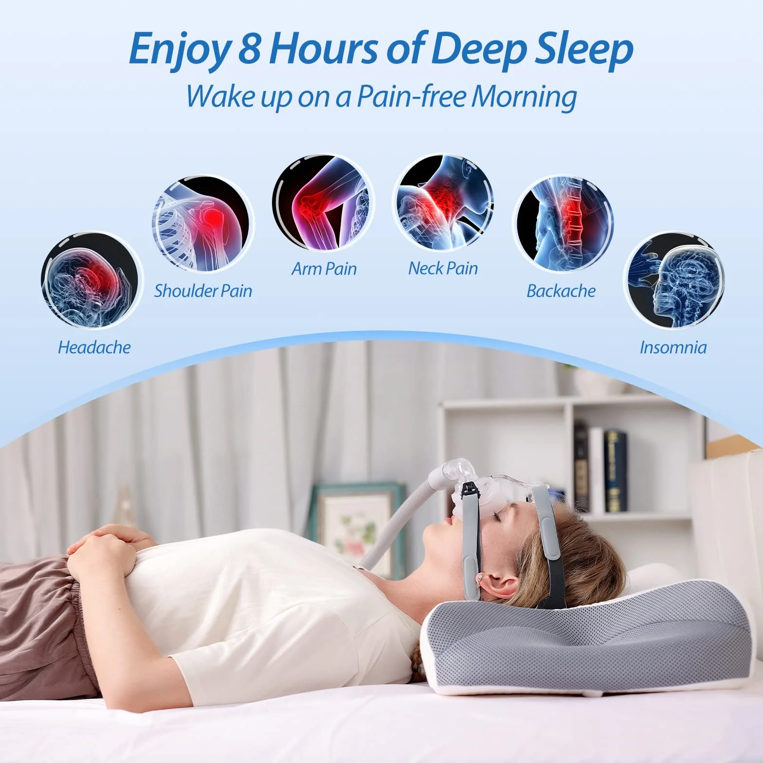 HOMCA Almohada CPAP, Almohada Ortopédica Ergonómicade Espuma Viscoelástica para Todas Las Mascarillas CPAP Que Reduce la Presión de la Mascarilla y Las Fugas de Aire, 65x40x9/11 cm
