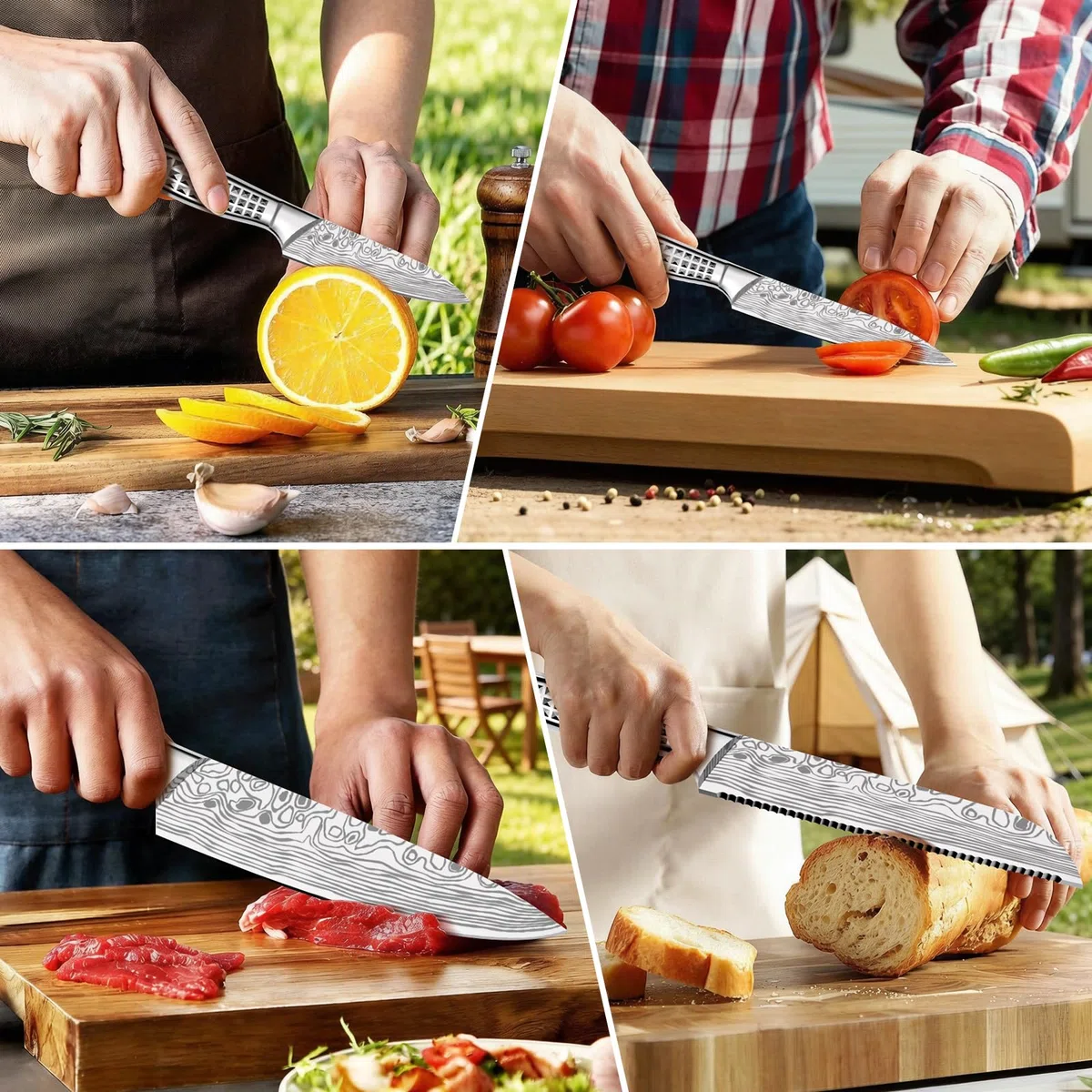 Juego de Cuchillos de Cocina Utensilios para Barbacoa Camping Picnic | Incluye 7 Cuchillos, Afilador e Fundas, Accesorios BBQ, Espátula para Risotto, Espátula Ranurada, Cuchara, Pinzas de Cocina