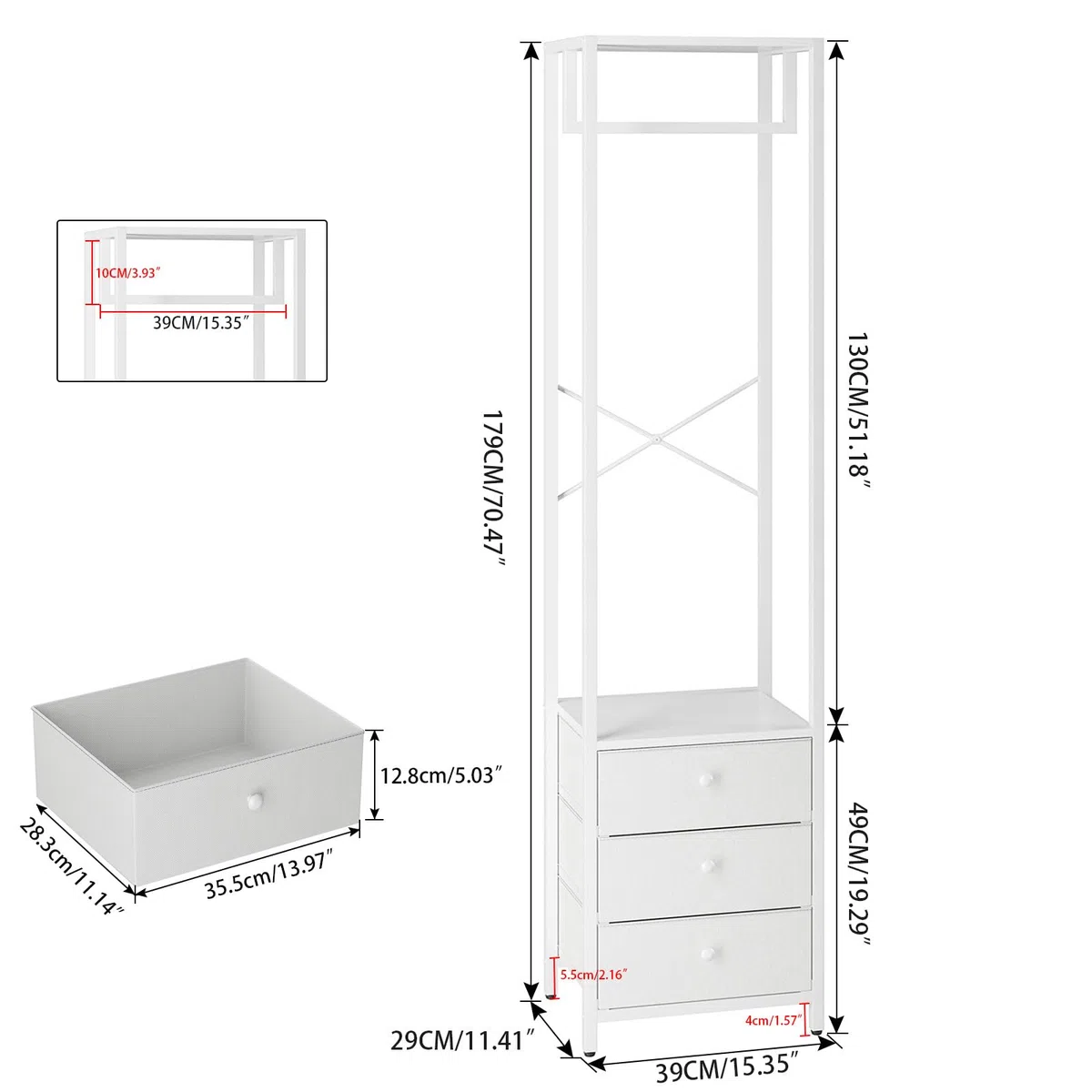 YMYNY Perchero con Cajón no Tejido, Pequeño Perchero de Esquina Almacenaje, Estantería de Almacenamiento para Salón Dormitorio Pasillo Entrada 39×29×179CM Blanco HGR001W
