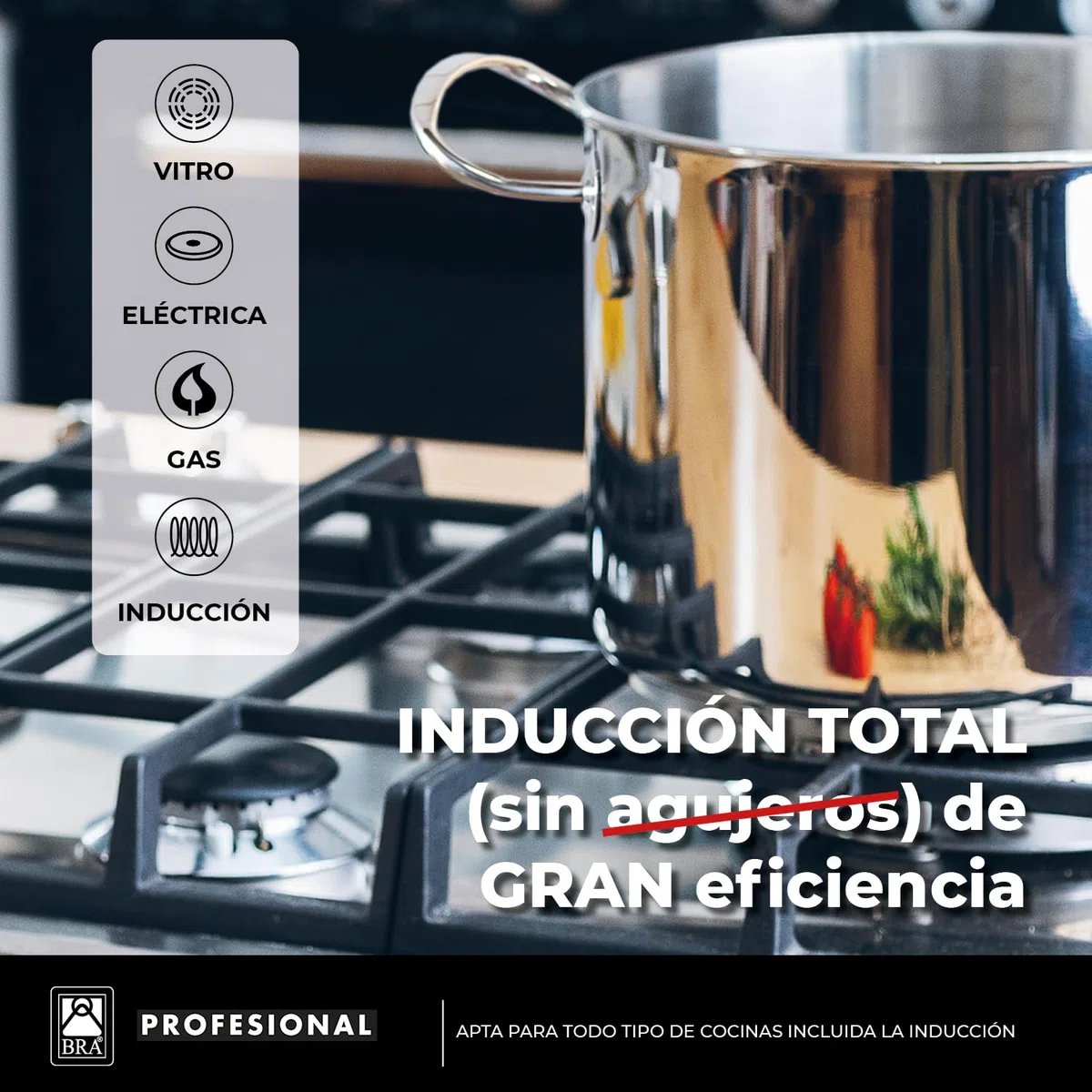 BRA Profesional | Batería 9 piezas, Apta para Todo Tipo De Cocinas Incluida Inducción, Acero Inoxidable, 18/10