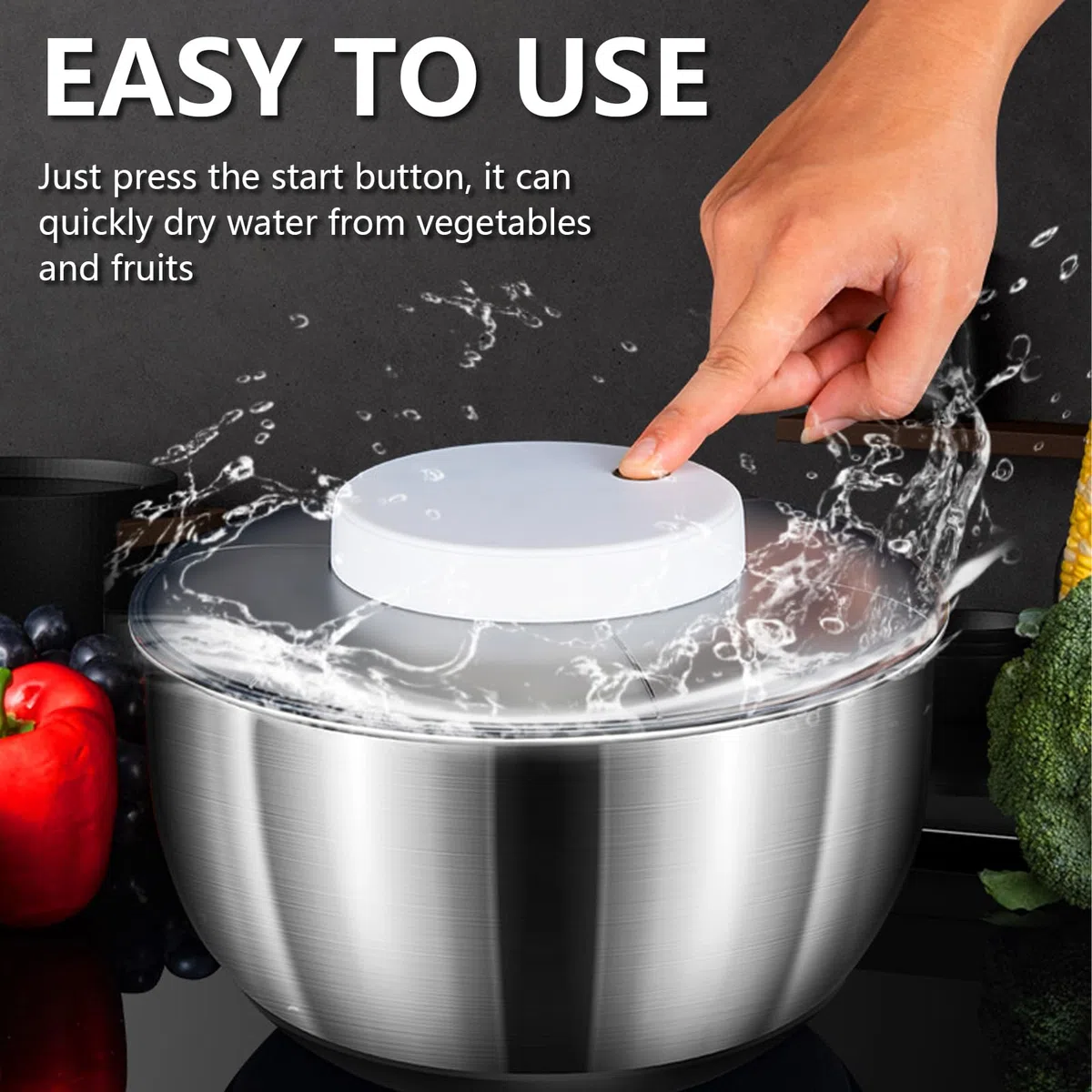 Ensalada Eléctrica, Secadora de Frutas y Verduras, Ensalada Automática Grande de 4,8 L de Acero Inoxidable, Ensalada Recargable por USB, Secadora para Ensalada de Frutas y Verduras