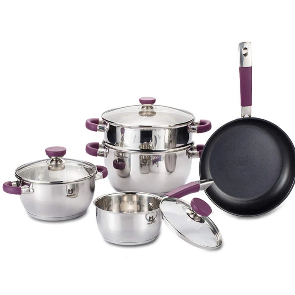 Juego de cacerolas, juego de ollas de 4 piezas, utensilios de cocina de acero inoxidable, con tapa de vidrio templado, mango cómodo, olla antiadherente, apto para cocina de inducción de gas, material