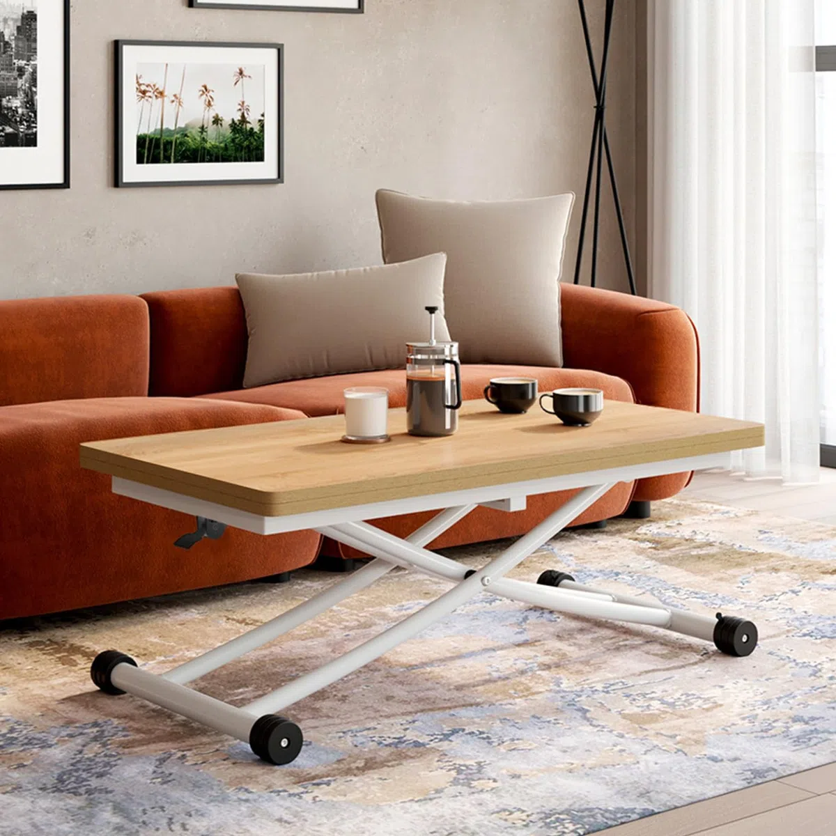 IDMarket Urbana - Mesa de centro extensible elevable en mesa de comedor rectangular (100 cm, bandeja de haya), color blanco