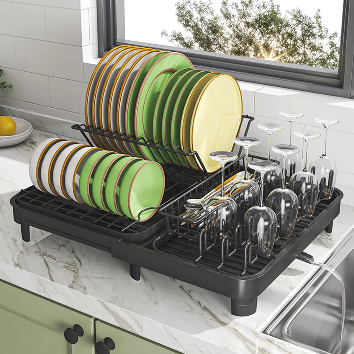 Escurridor eficiente de vajilla con sistemas de drenaje automático, estante de secado para platos y cubiertos, accesorios de cocina, organizador de encimera de cocina