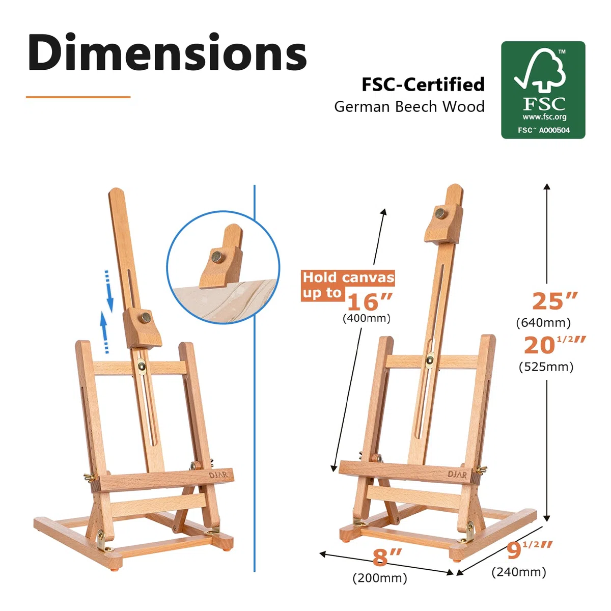 25" Mini H-Frame Caballete de Arte, Ajustable de madera de haya caballete de sobremesa de madera para la pintura, la pintura portátil de visualización de dibujo de pie para adultos, natural
