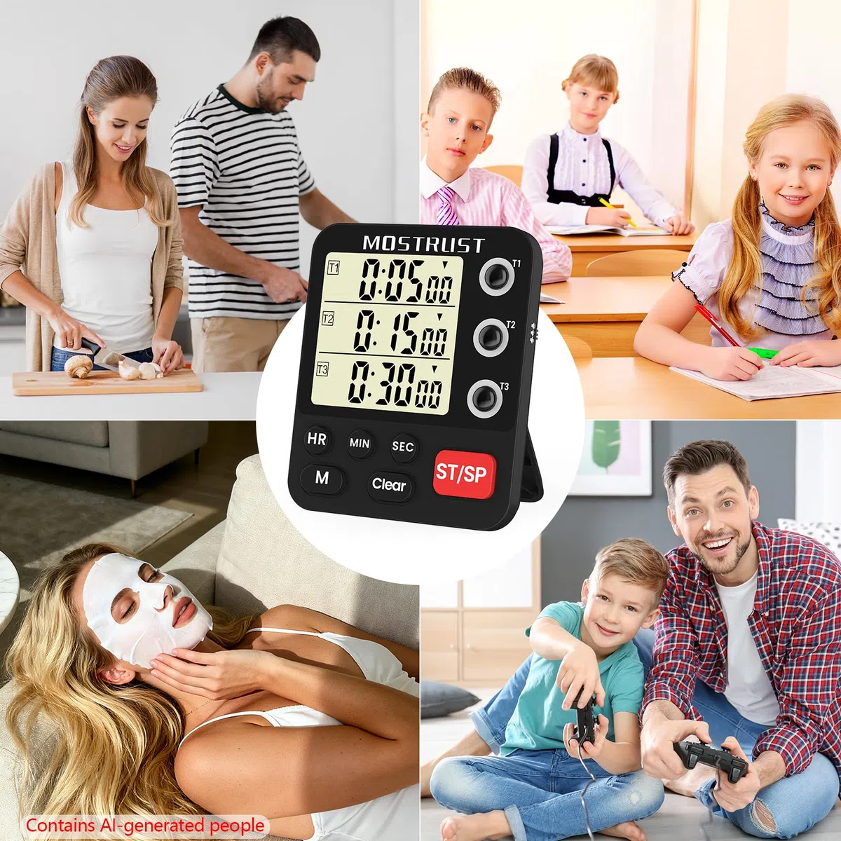 Temporizador digital de cocina doble, temporizador de cuenta regresiva independiente de 3 canales, pantalla grande, alarma fuerte, memoria de triple cronómetro con parte trasera magnética