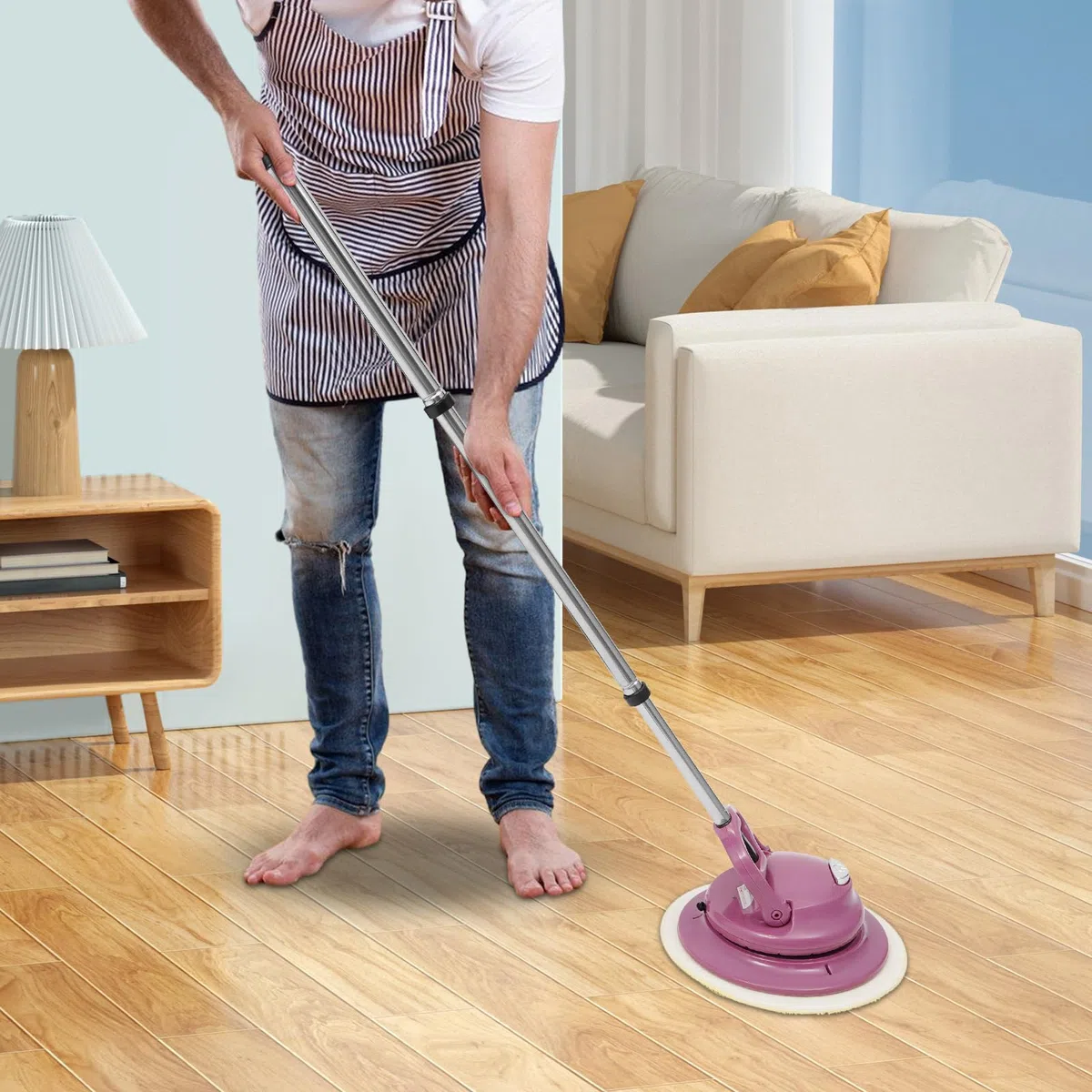 Mopa eléctrica rosa con cable USB 36 W 160 RPM con batería con 6 almohadillas y luz LED – Limpiador de suelos para madera, azulejos y laminados
