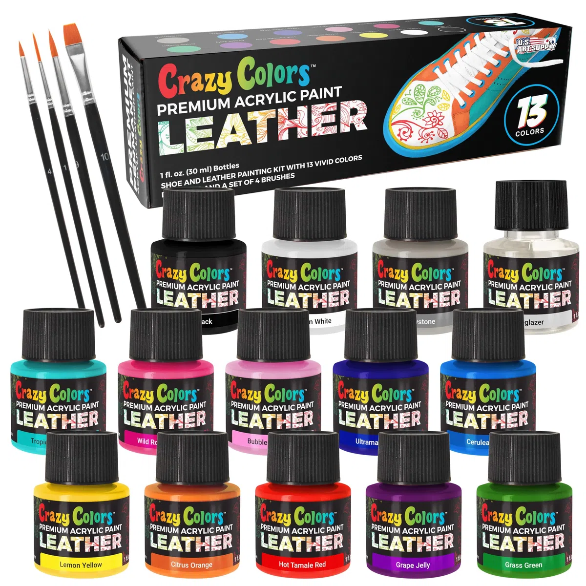 Crazy Colors Kit de pintura acrílica de alta calidad para cuero y zapatos, 13 colores, desengrasante, juego de pinceles de 4 piezas, botellas de 1 onza, flexible, resistente a los arañazos, zapatillas