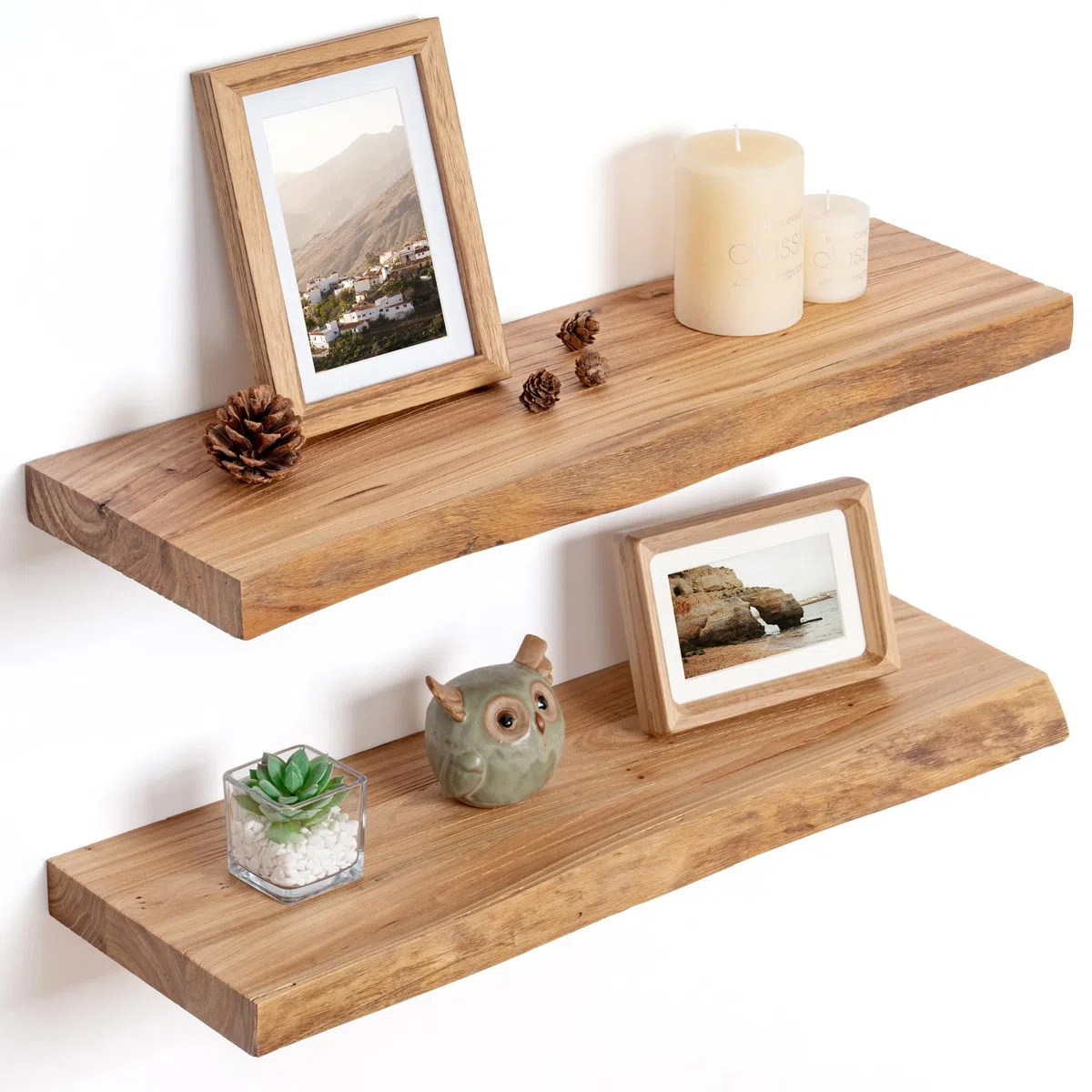 FLYJOE Estantes flotantes para decoración de pared, estantes flotantes rústicos de madera de olmo maciza, estantes de pared con soporte invisible para sala de estar, dormitorio, cocina, juego de 2