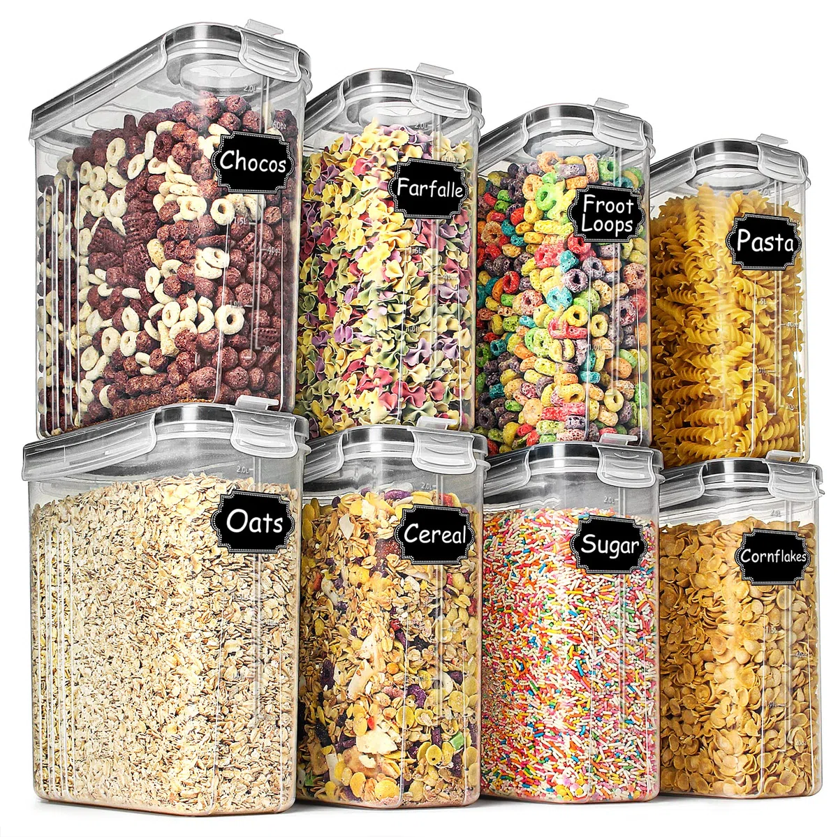 Wildone 8 recipientes herméticos para cereales y alimentos secos de 2,5 L de capacidad para azúcar, harina, etc. Tapas negras a prueba de fugas