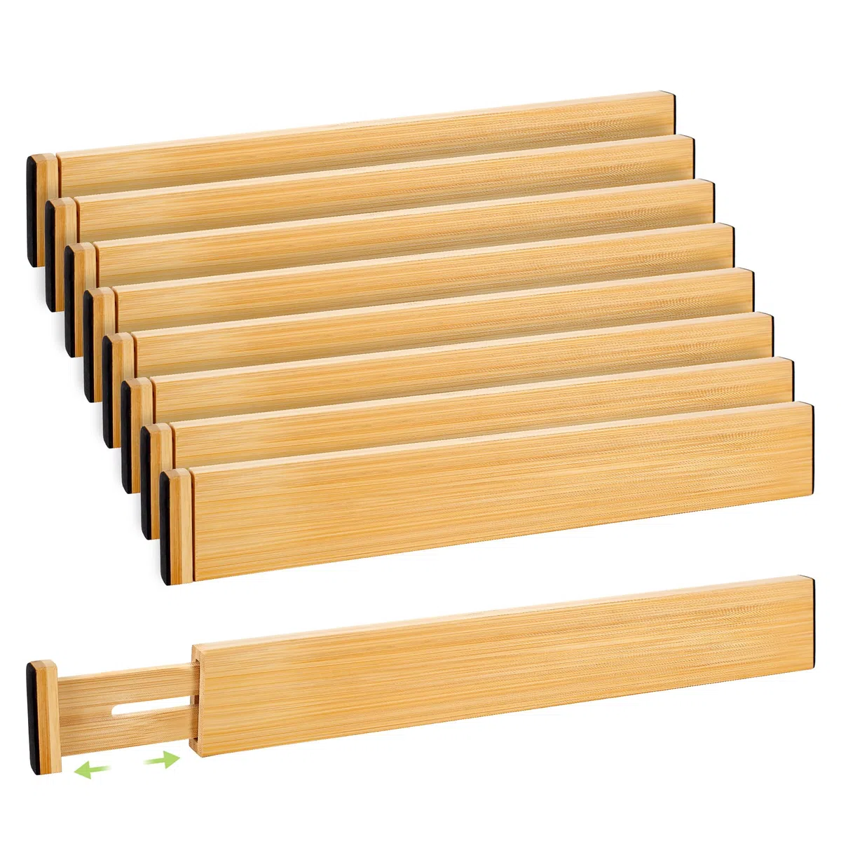 Fyvva Separador de cajones, organizador de cajones de cocina de bambú ajustable, organizador de cajones con resorte, separadores de aparador para cocina, baño, ropa, almacenamiento de escritorio de