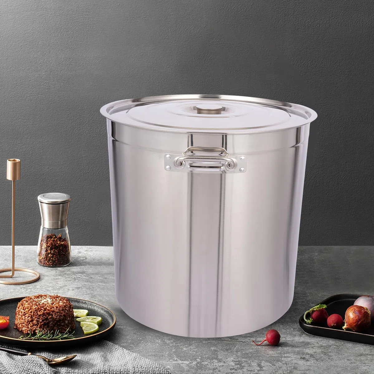 Olla de acero inoxidable 50/70/90L, sopera plateada con tapa, adecuada para cocinar, asar y mantener caliente en cocinas de gas y de inducción