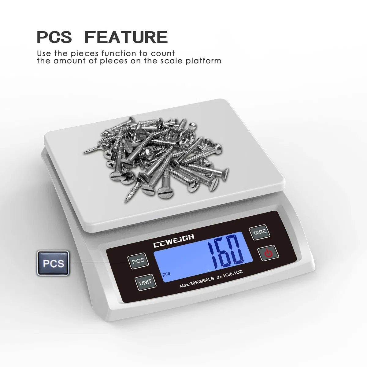 Báscula digital de cocina de 30 kg, báscula de pan inoxidable con pantalla LCD, conversión de múltiples unidades para hornear, supermercado y entrega rápida, báscula de conteo (blanco)