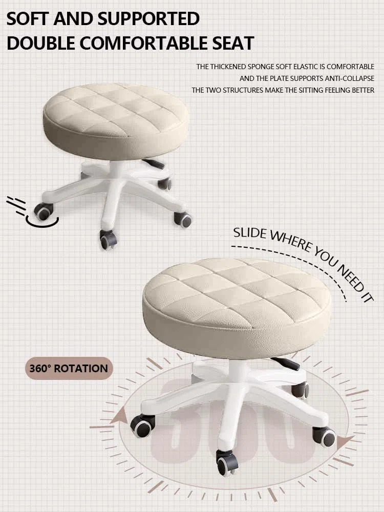 Silla giratoria compacta con Ruedas y polea Redonda de Cuero PU, Altura Ajustable, diseño Giratorio, Silla de Oficina para dibujantes, Taburete de salón SPA, Silla de Oficina para el hogar.