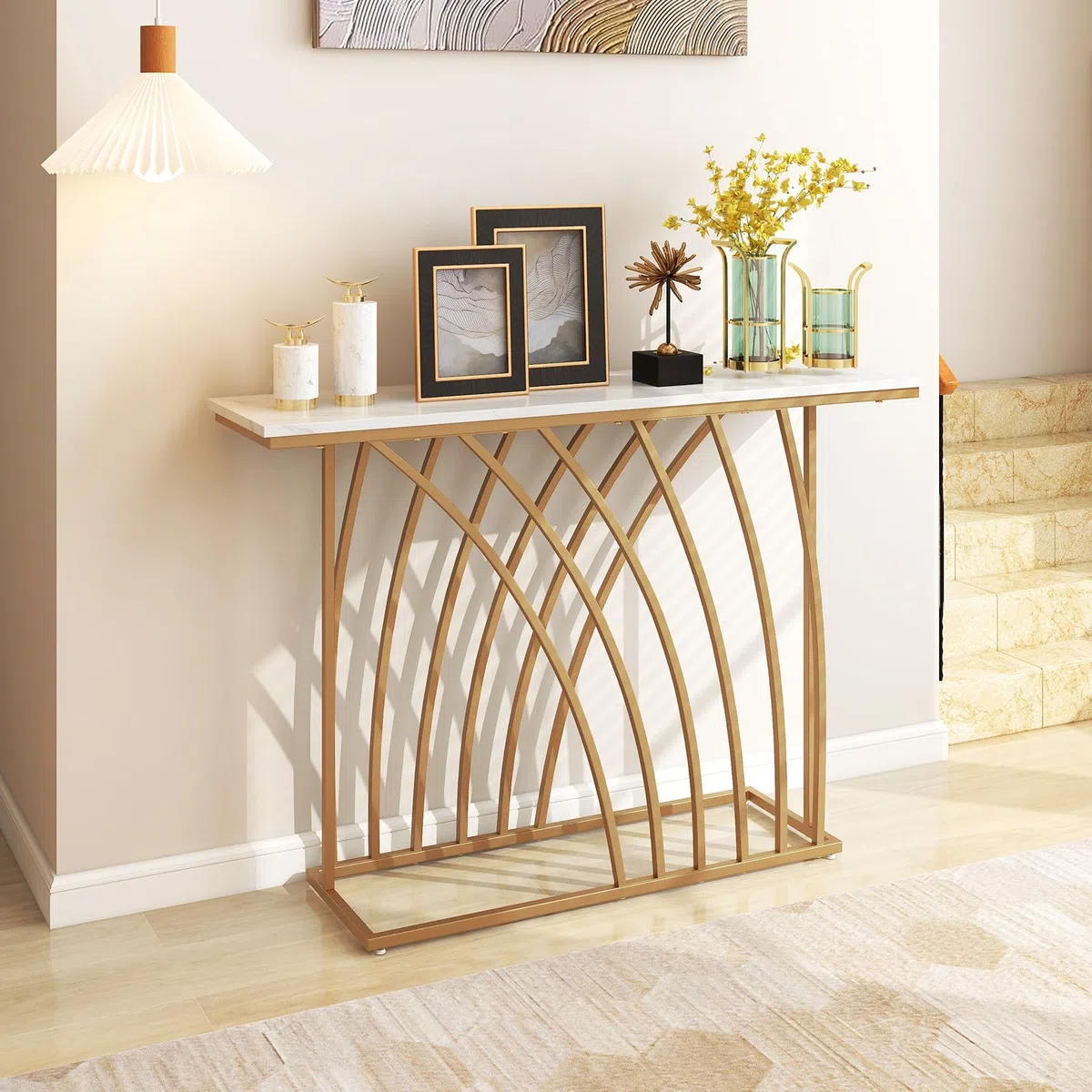 COSTWAY Mesa de Consola, Mesa de Entrada Dorada con Tapa de Mármol Blanco, Base de Diseño Geométrico, Mueble Recibidor para Sofá, Sala de Estar, Pasillo, Capacidad Máx de 20 kg, 30 x 120 x 80 cm