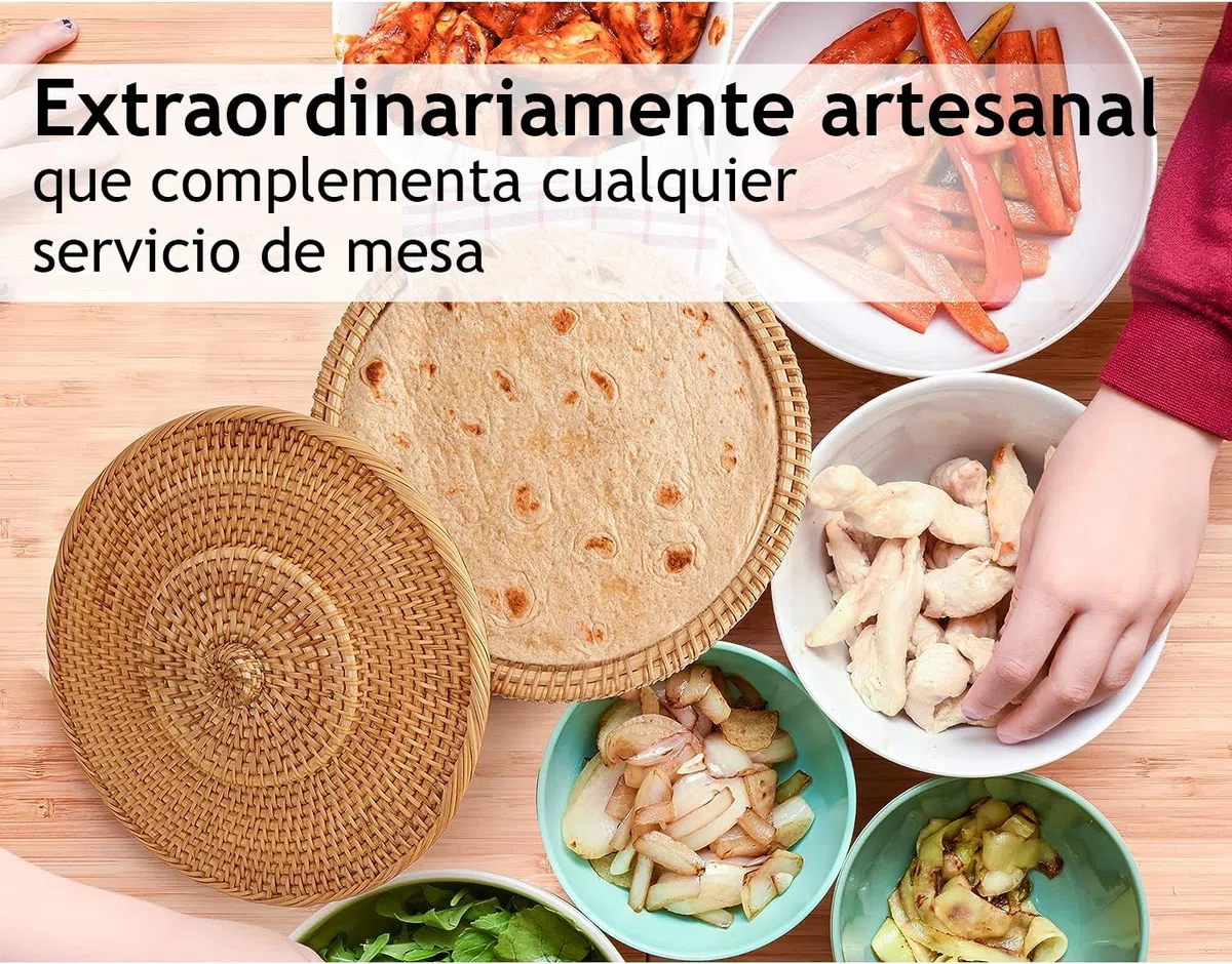 Tortillada - Calentador de Tortillas 26 cm Ratán – Cesta de Pan Hecha a Mano para Tortillas, Wraps y Pan Plano – Incluye Tela de Algodón, Mantiene la Comida Caliente