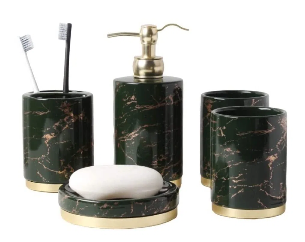 Accesorios De Baño Juego De Accesorios De Baño De Mármol De 5 Piezas De Cerámica Que Incluye Jabonera, Soporte para Cepillo De Dientes, Vaso, Dispensador De Loción Set De Baño Accesorios