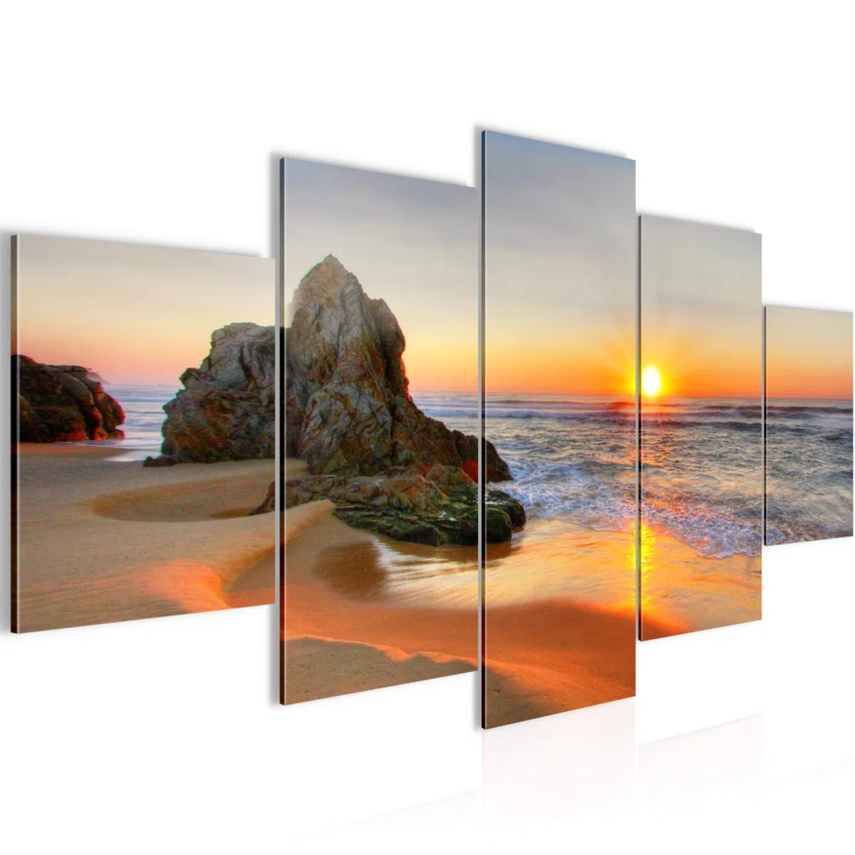 Runa Art - Cuadros Decorativos Amanecer Playa 200 x 100 cm 5 Piezas XXL Decoracion de Pared Diseño Naranja 609551a
