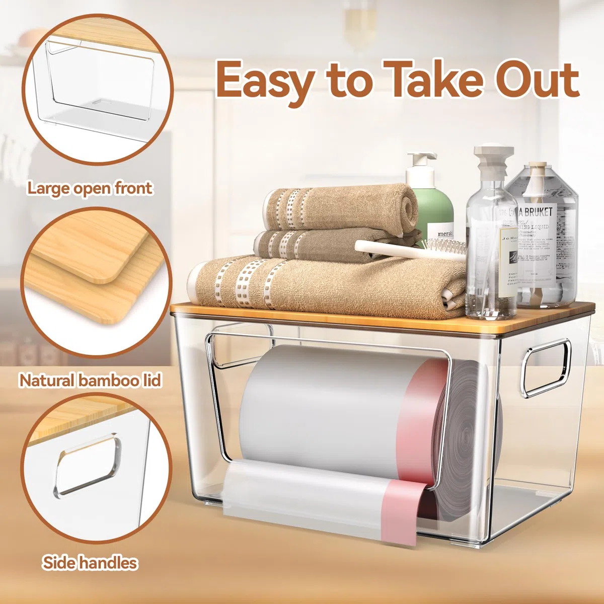 spospo Paquete de 2 soportes para bolsas de basura con tapa de bambú, dispensador de bolsas de basura apilables | Soporte extra grande para bolsas de basura para cocina, lavandería, organización y almacenamiento debajo del fregadero
