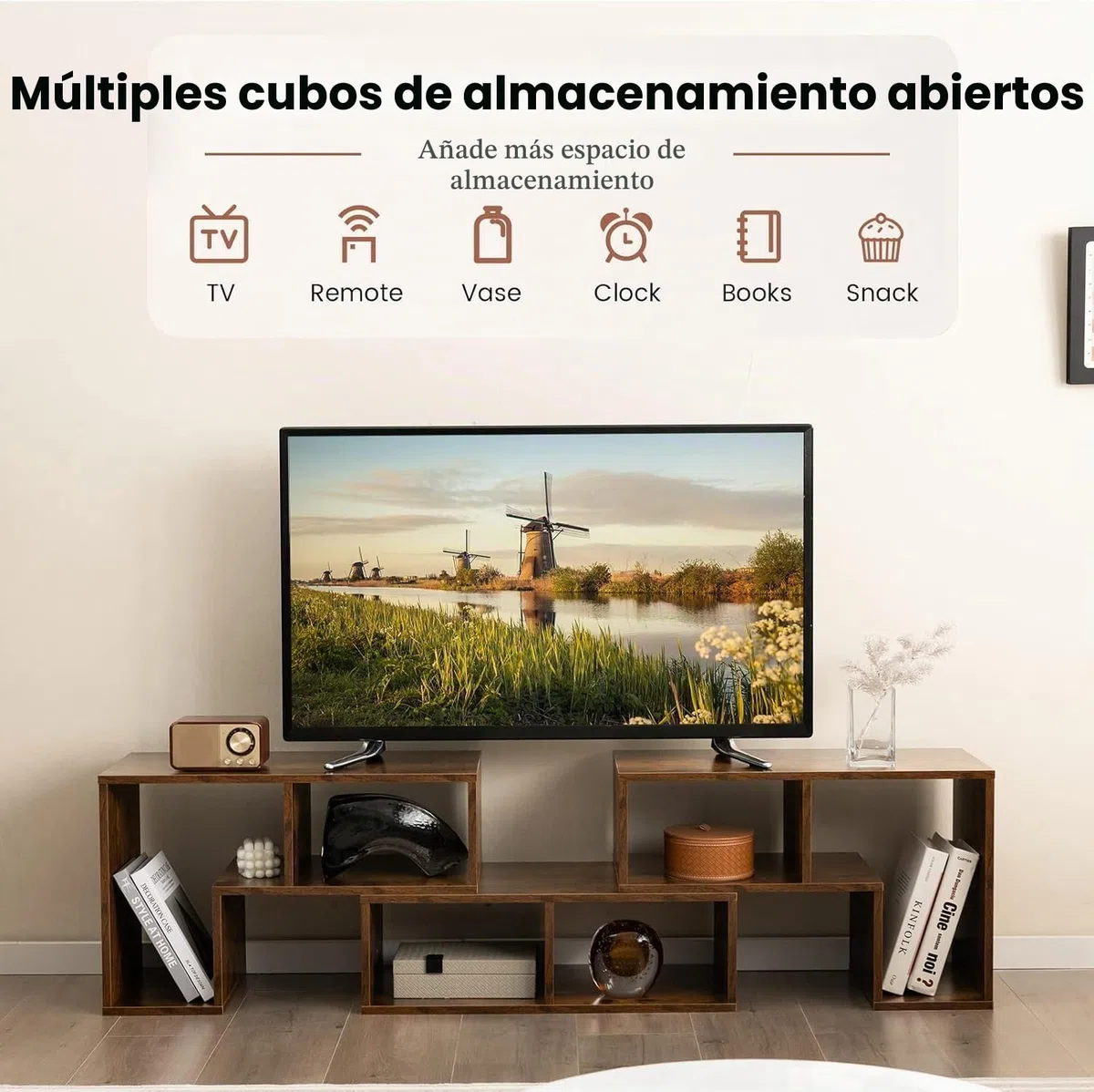 GIANTEX Mueble de TV Combinado Libre con Estantes Abiertos, para TV hasta 65 Pulgadas, Soporte de TV Multifuncional de Madera, para Salón, Dormitorio, 134-180x30x43 cm (Marrón, 3 Piezas)