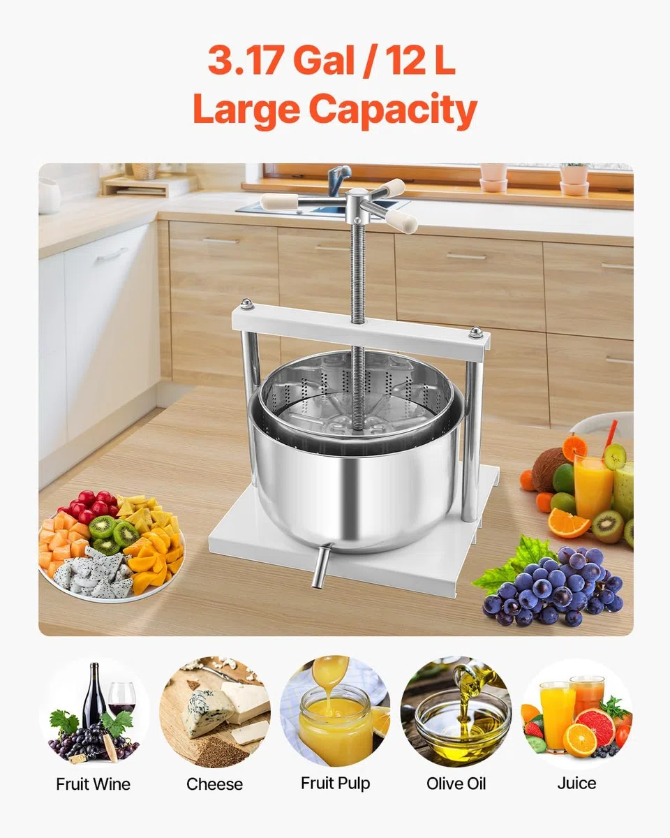 VEVOR - Prensa de vino de frutas, 2.98 gal/11.3 l, cesta de madera maciza con 6 bloques, fabricante de jugos manual, tintura de sidra, manzana, uva, verduras, miel y aceite de oliva con barra de mango