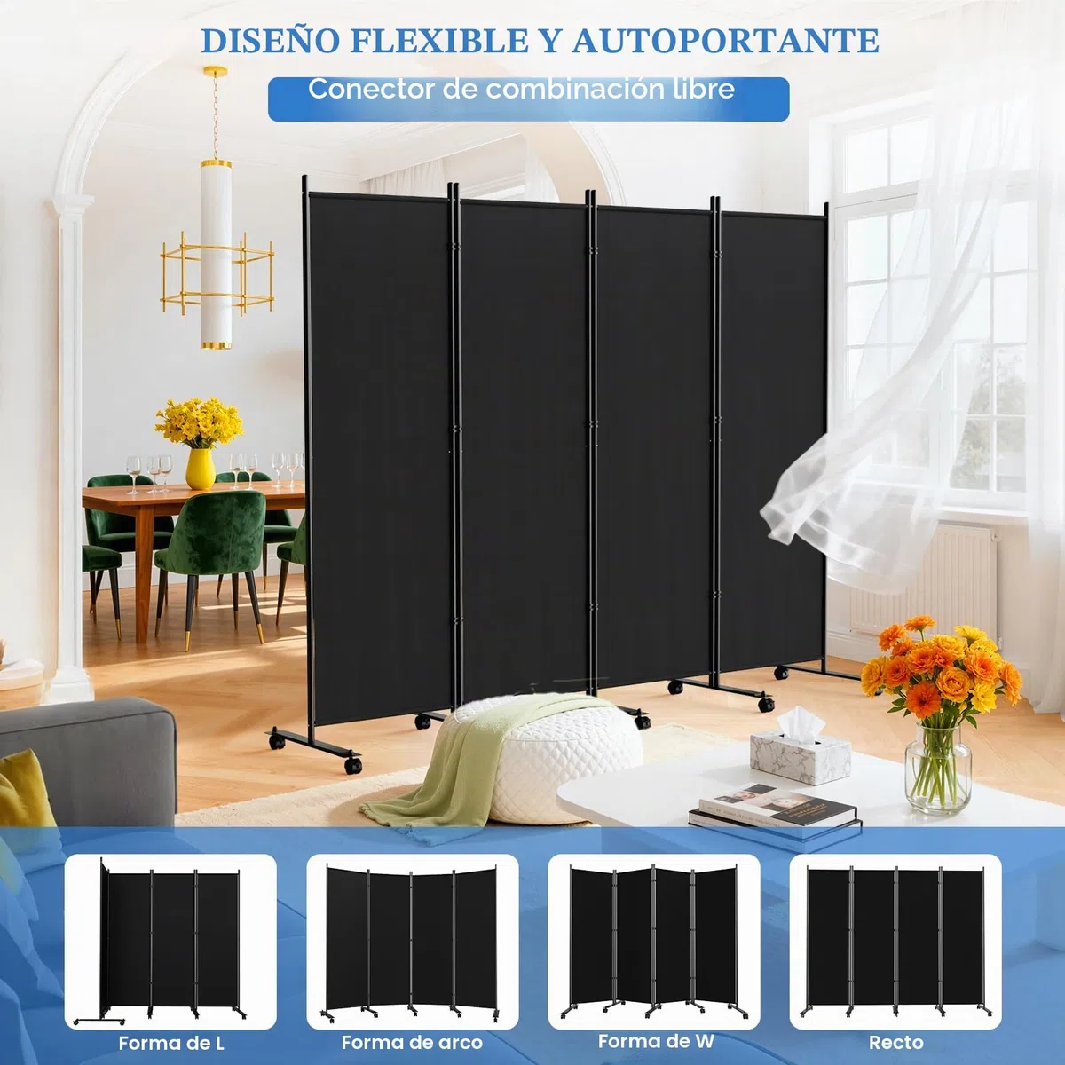 WELDUN Divisor de habitación de 4 paneles de 183 cm, pantallas plegables de privacidad con ruedas bloqueables, división de habitación para separador de habitaciones, separadores de pared de tela