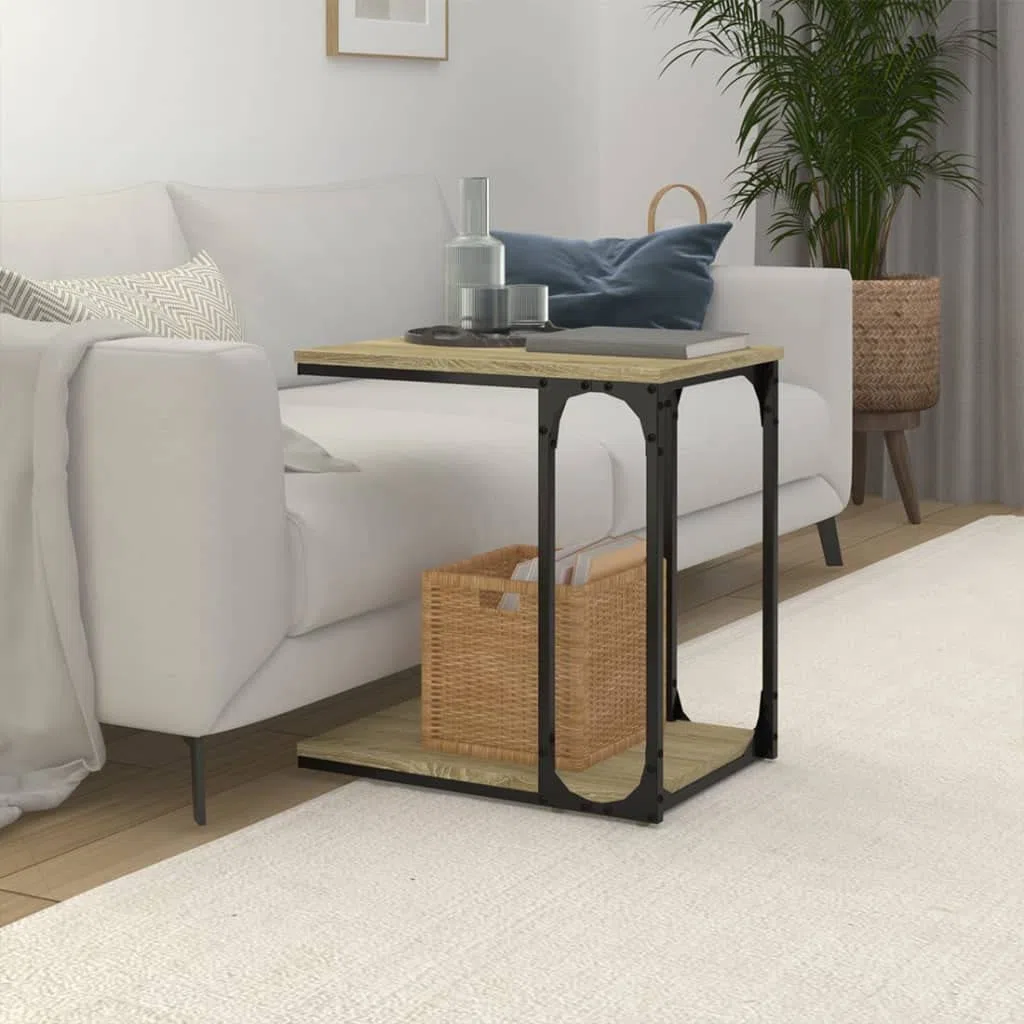 Mesa auxiliar de roble Sonoma, 50 x 35 x 52 cm, mesa de centro en forma de C, ahorra espacio, mesa de sofá de diseño industrial con estructura de metal y estante para salón