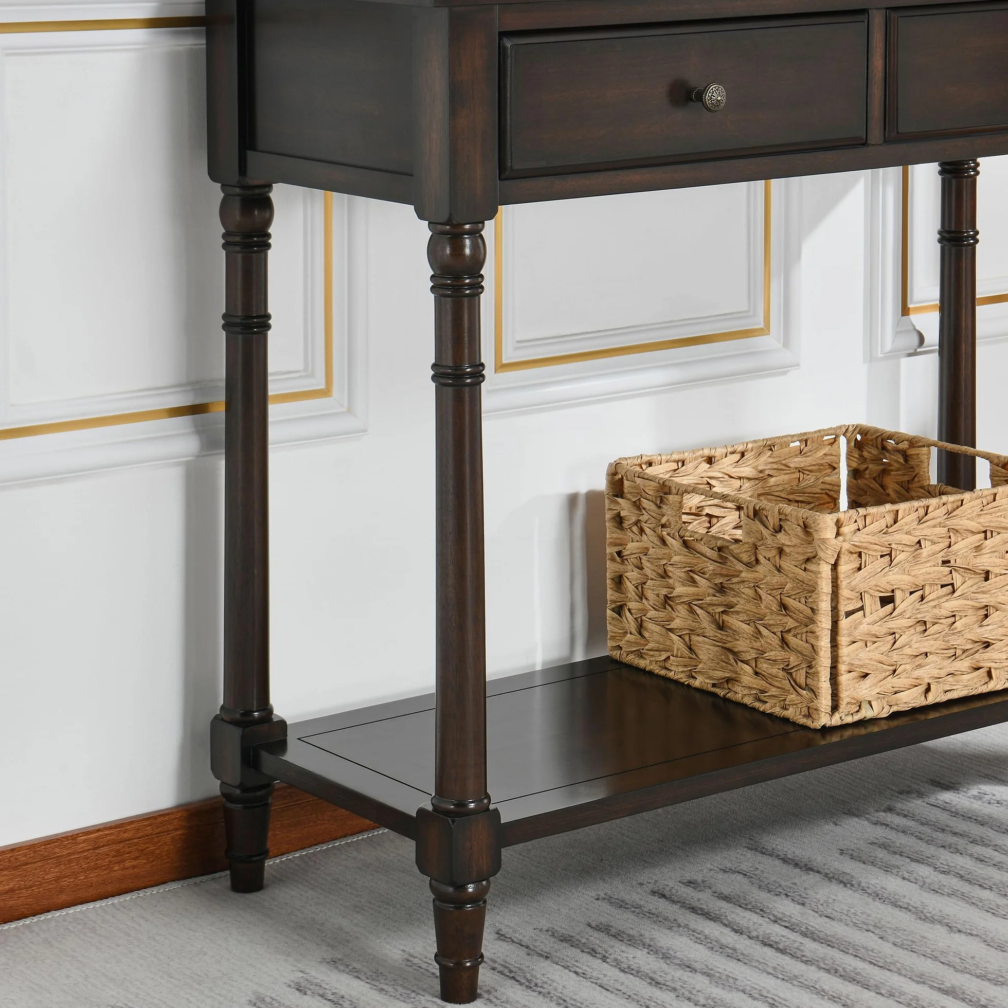 PADMA HOUSE - Mueble de madera maciza con 2 cajones, mesa consola con estante de consola de entrada de pasillo estrecho para 2 niveles, mesa de entrada a salón (marrón)
