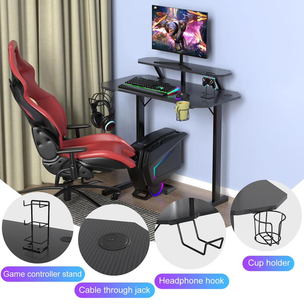 Escritorio Gaming Mesa Escritorio para Computadora Mesa para PC con portavasos y Gancho para Auriculares Escritorio con Soporte para Monitor 100x55x75 cm Negro