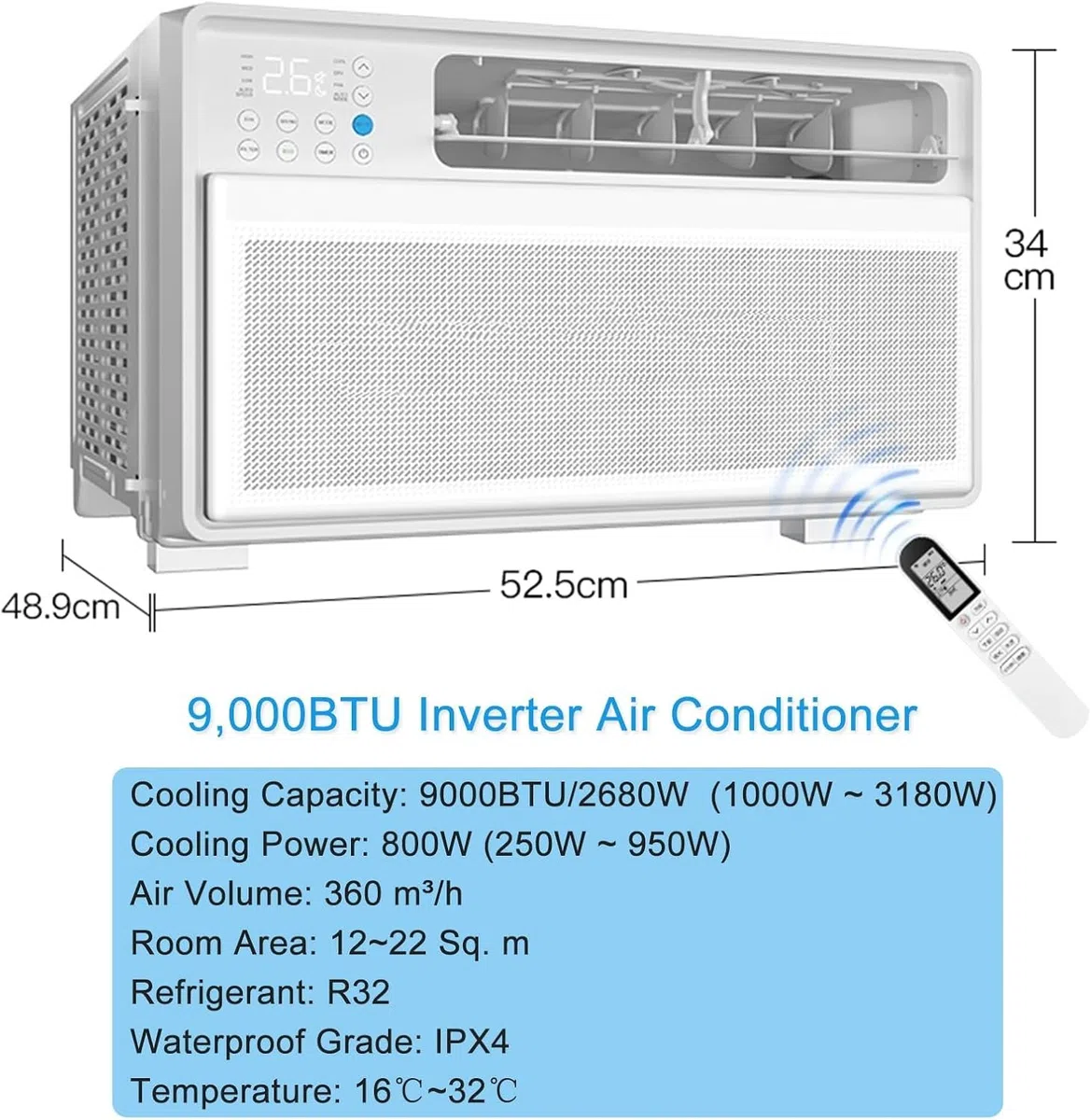 Aire Acondicionado De Ventana Inverter De Bajo Consumo, Unidad De 9000 Btu con Control Remoto Y Termostato, Enfría 20 M², Temporizador De 24 Horas para Dormitorio Y Sala De 9000BTU/2680W