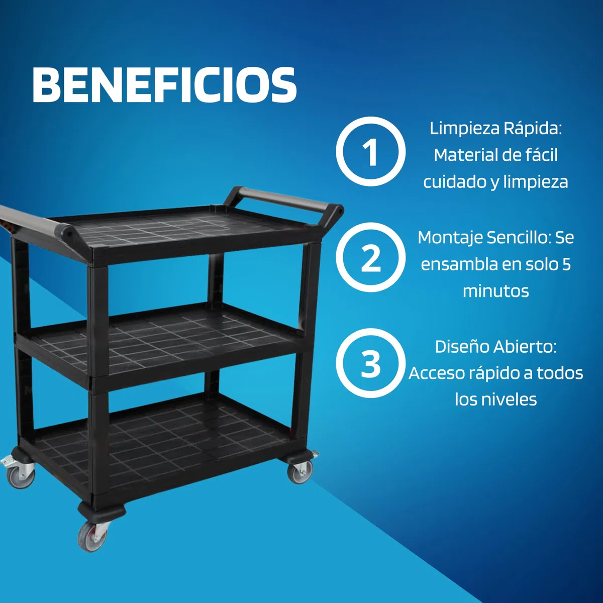 Carro De Servicio De 3 Niveles - Carrito Auxiliar Con Ruedas Para Cocina, Hostelería Y Hogar - Capacidad De Carga De 70 Kg Por Estante, Fácil Limpieza, Montaje Rápido, Material Resistente De Polipropi