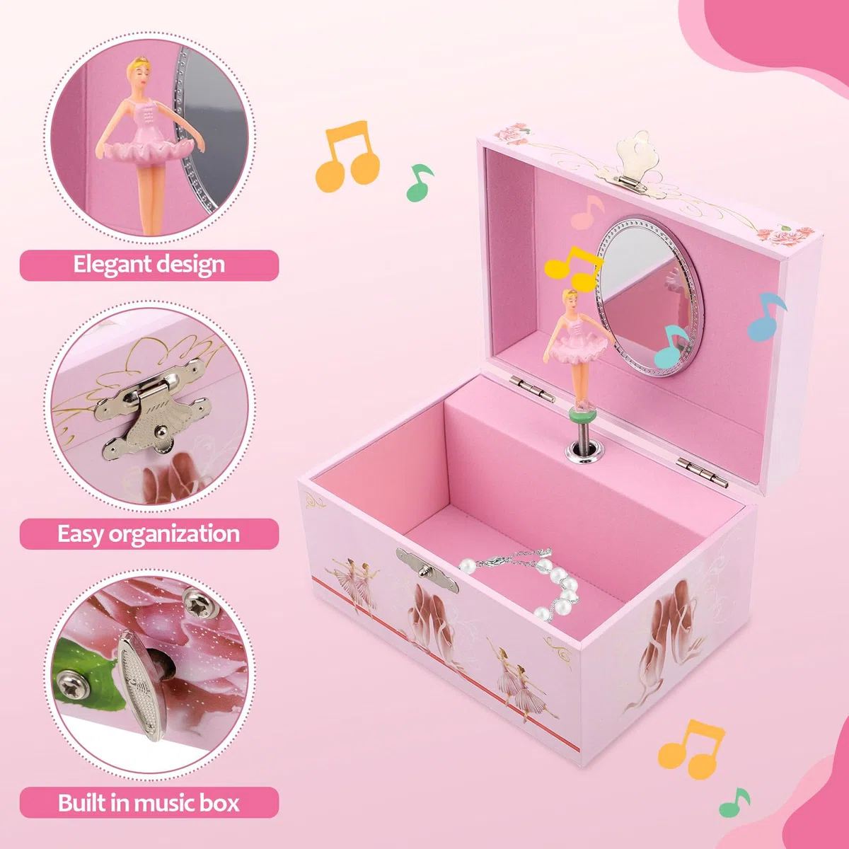 Ciieeo Joyero Musical para Niñas con Bailarina Giratoria de 5 Pulgadas, Caja de Música Ballet Rosa, Almacenamiento de Joyas Compacto, Obsequio Adecuado para Cumpleaños Infantiles