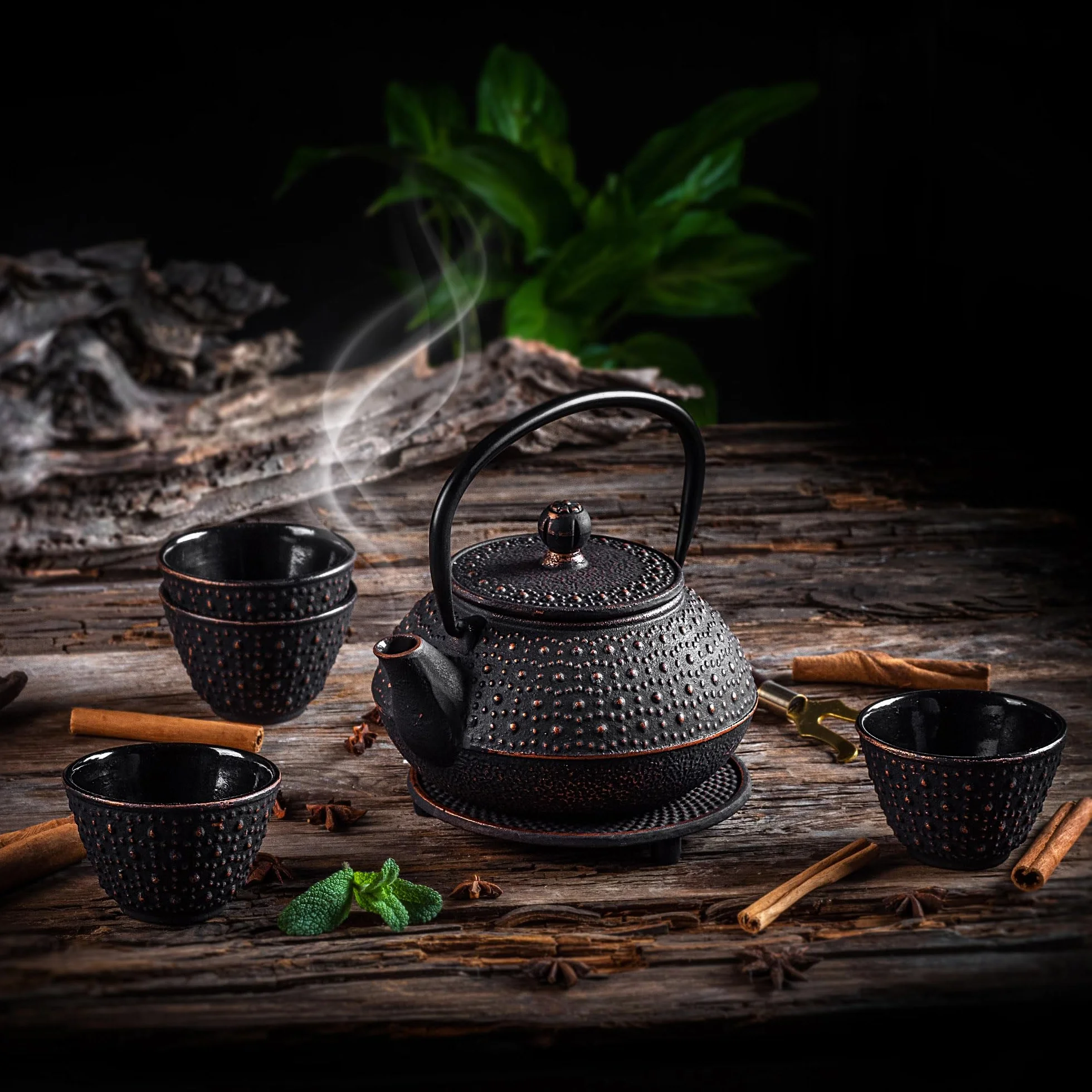 KADAX Tetera japonesa de 0,8 l con 4 tazas de té para té suelto, juego de té japonés de hierro fundido, tetera de hierro fundido con colador, tapa, asa y posavasos (negro)